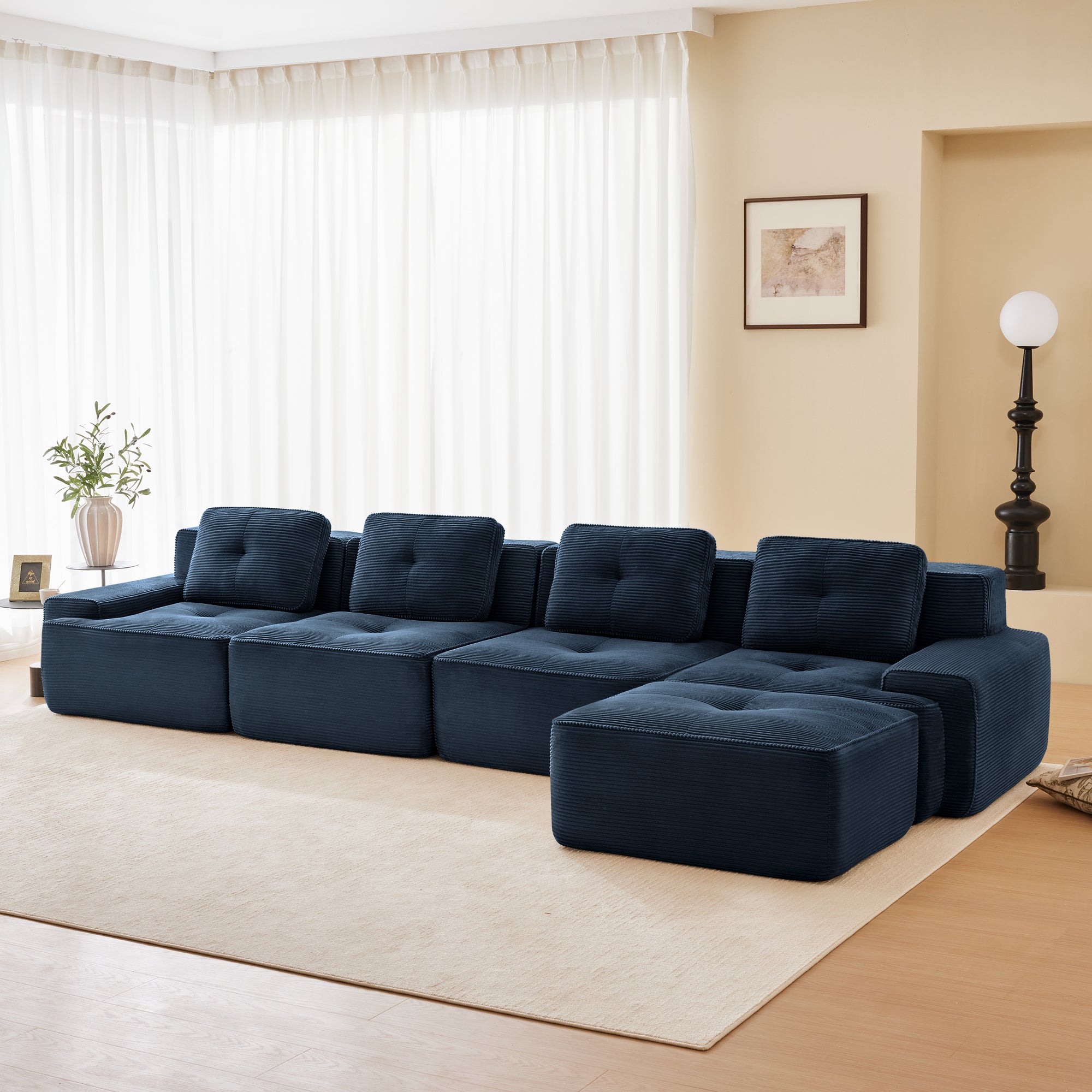 Racine 153" Modular Corduroy Fabric L-Shaped Sectional Sofa with Deep Seat and Movable Ottoman