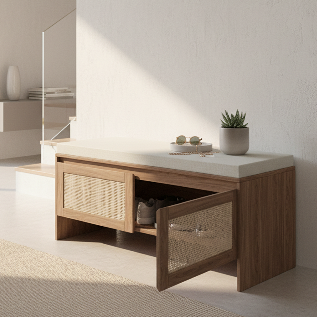 Isolde Rattan Storage Bench with Cushion, Natural Finish