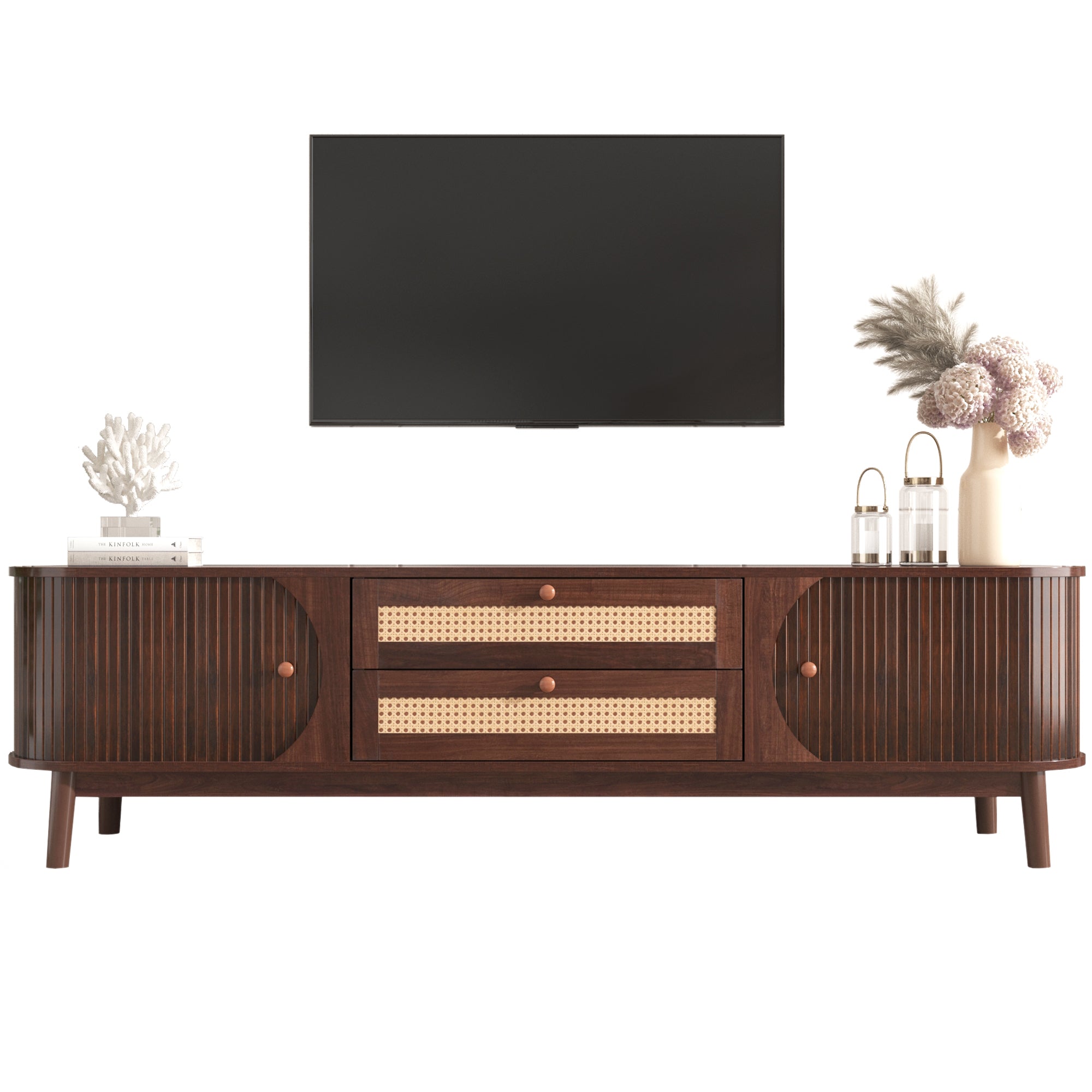Cusco Mid-Century Rattan TV Stand with Solid Wood Legs