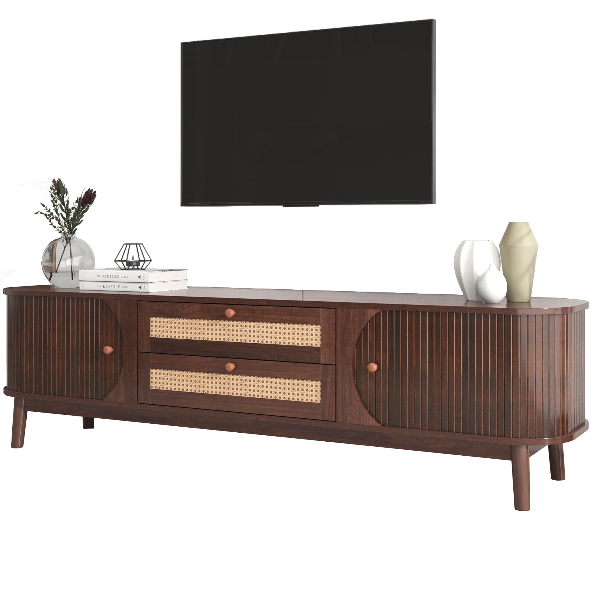 Cusco Mid-Century Rattan TV Stand with Solid Wood Legs