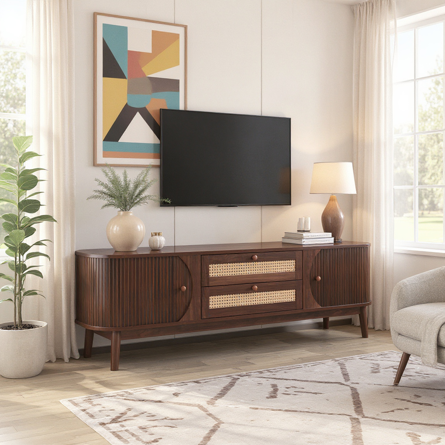 Cusco Mid-Century Rattan TV Stand with Solid Wood Legs