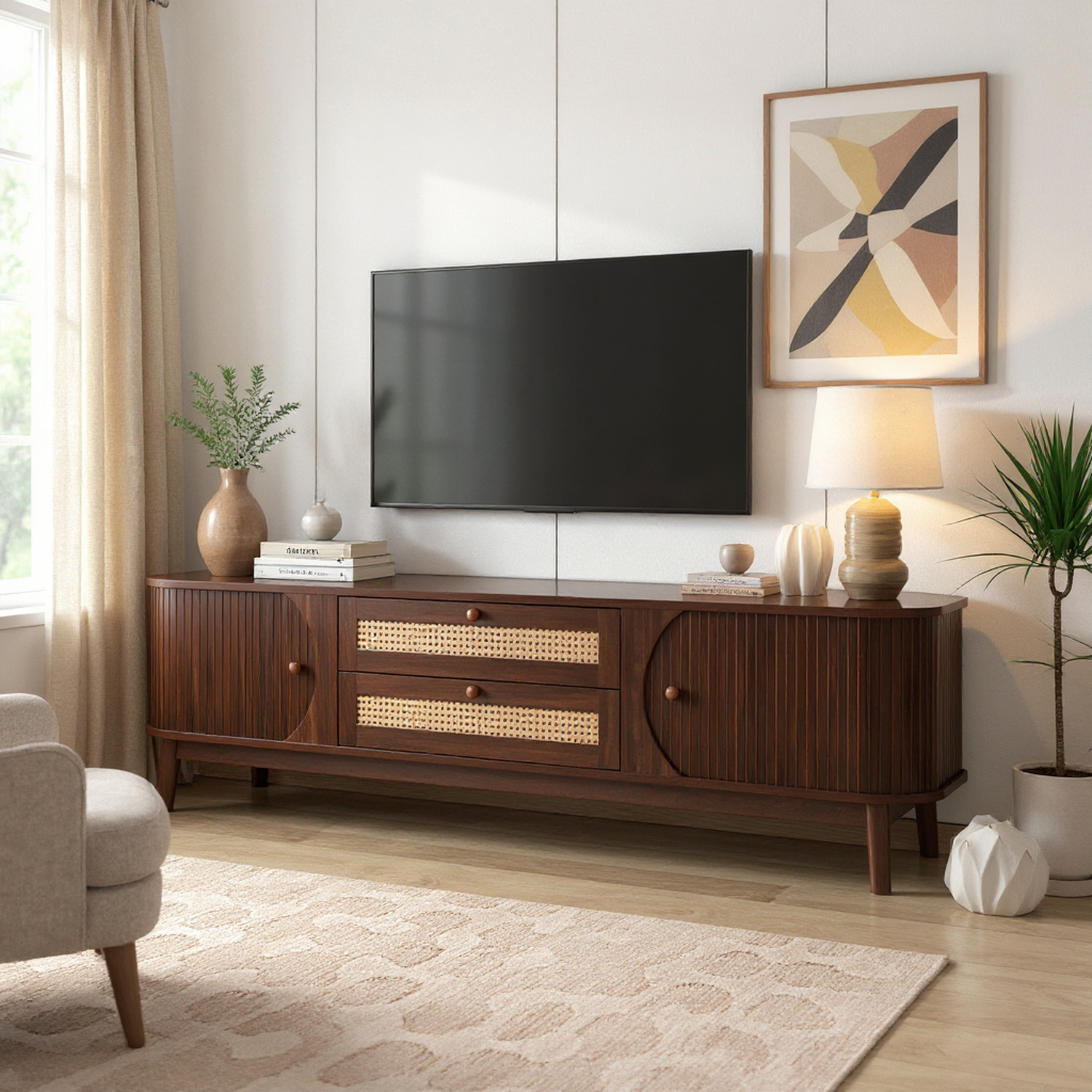 Cusco Mid-Century Rattan TV Stand with Solid Wood Legs