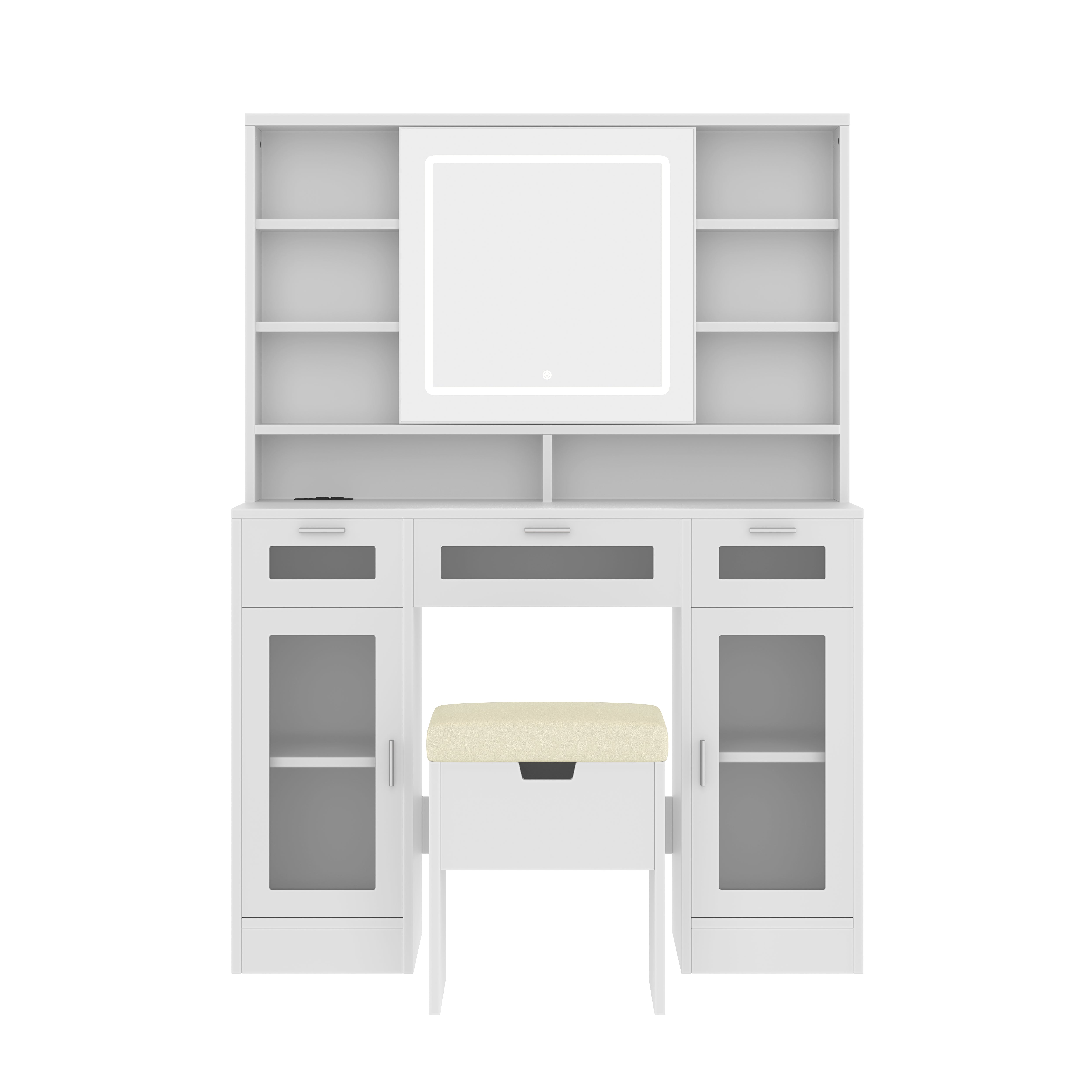 Homy Casa Kiruna 41" Modern Vanity Table Set with Sliding LED Mirror and Charging Station, White