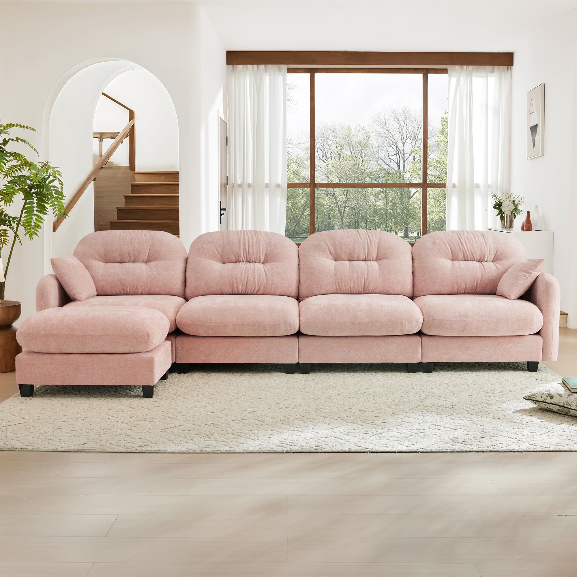 Roselyn 140" Modular Chenille Cloud L-Shaped Sectional Sofa with Ottoman and Tufted Cushion Backrest