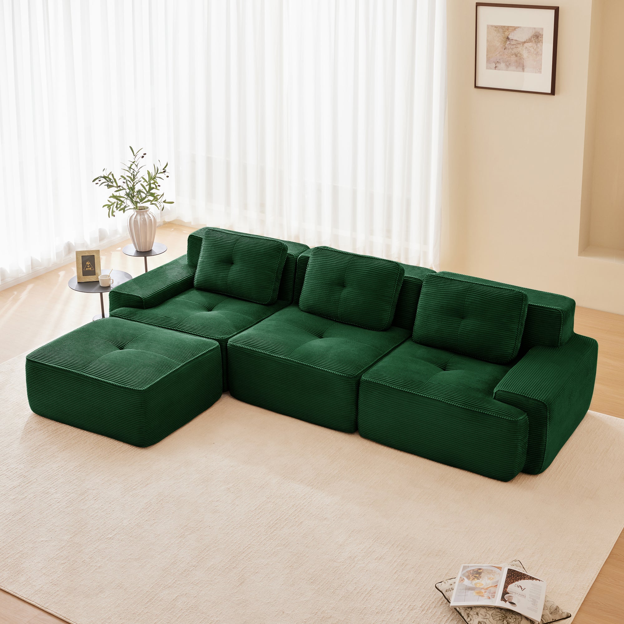 Racine 117" Modular Corduroy Fabric L-Shaped Sectional Sofa with Movable Ottoman