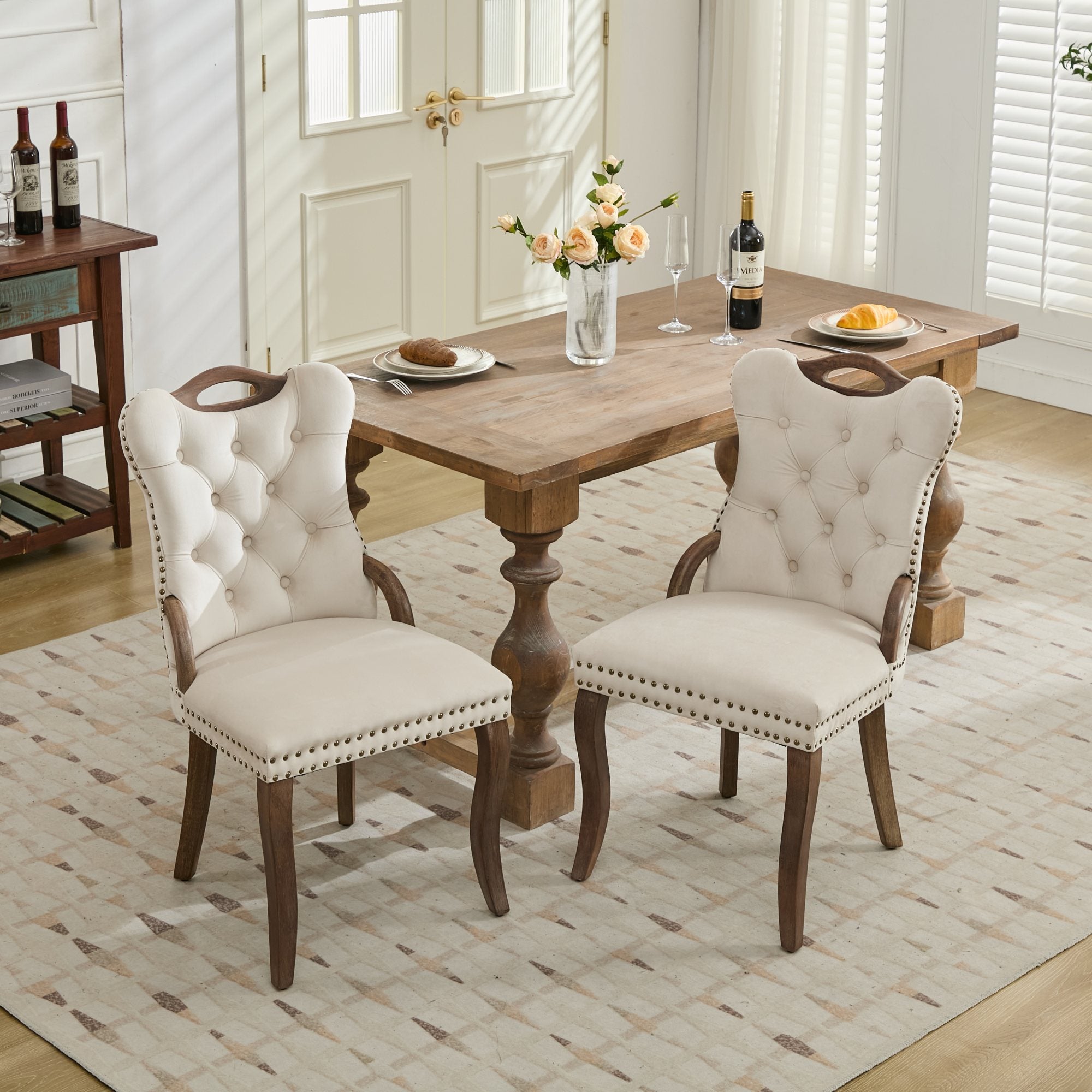 Elbe Modern Velvet Dining Chair Set of 2 with Tufted Trim Beige