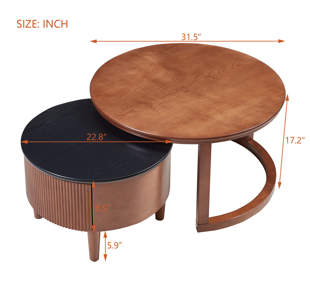 Imola 32" Round Nesting Coffee Table Set with Fluted Storage Drawer