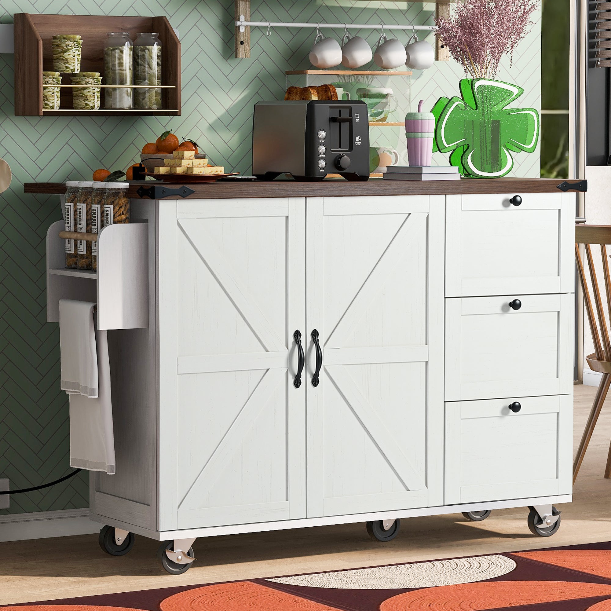 Graz 54.5" Farmhouse Kitchen Island Rolling Cart with Storage Cabinet