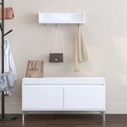 Wall-Mounted Entryway Shelf with Hooks and Storage Bench Set, Modern White Shoe Cabinet with Cushion and Closed Storage for Hallway, Bedroom, or Mudroom