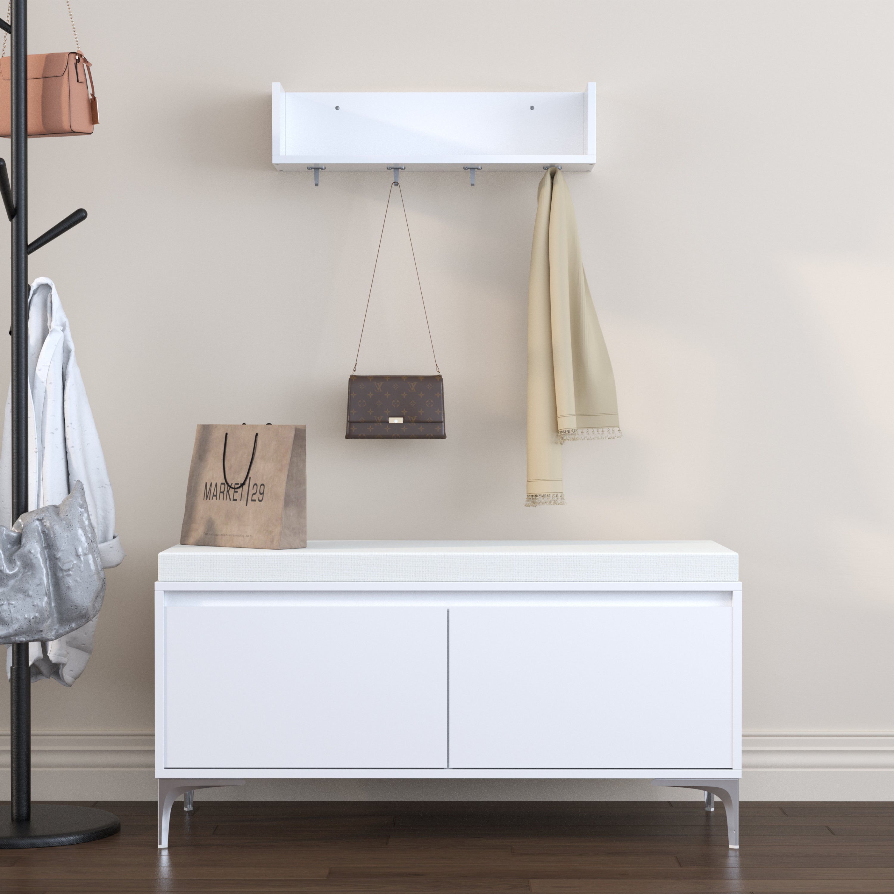 Wall-Mounted Entryway Shelf with Hooks and Storage Bench Set, Modern White Shoe Cabinet with Cushion and Closed Storage for Hallway, Bedroom, or Mudroom
