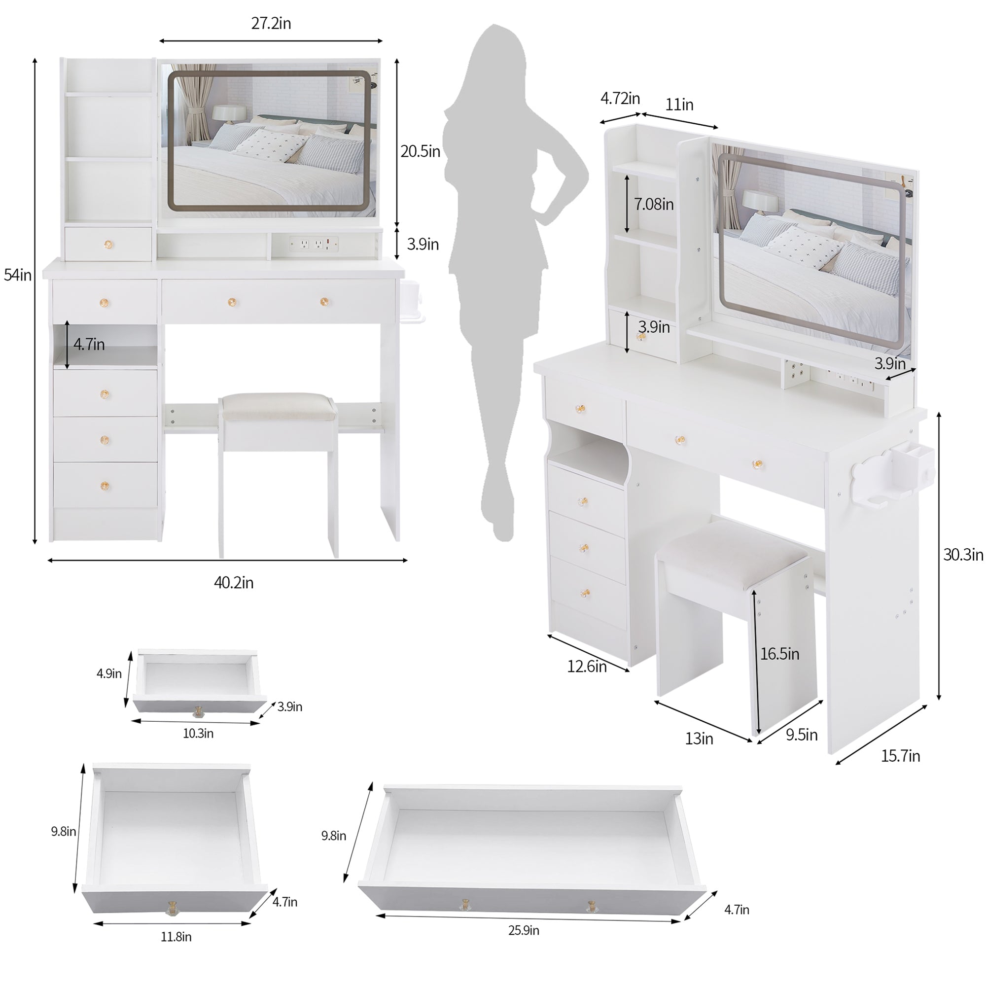 Homy Casa 41" White Vanity Set with LED Mirror, Power Outlets & Cushioned Stool