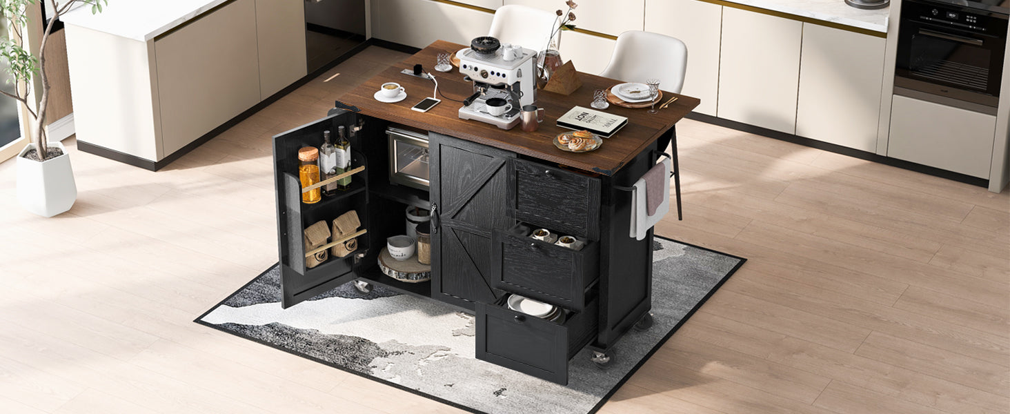 54.5" Farmhouse Kitchen Island with Power Outlet, Kitchen Storage Island  with Internal Storage Rack, Drop Leaf, Spice Rack, Rolling Kitchen Cart on Wheels, for Home, Kitchen and Dining Room,Black