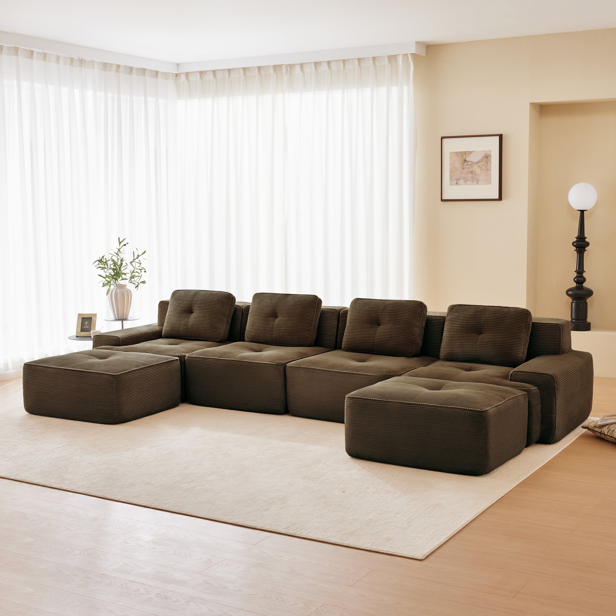 Racine 153" Modular Corduroy Fabric U-Shaped Sectional Sofa with Deep Seat and 2 Movable Ottomans