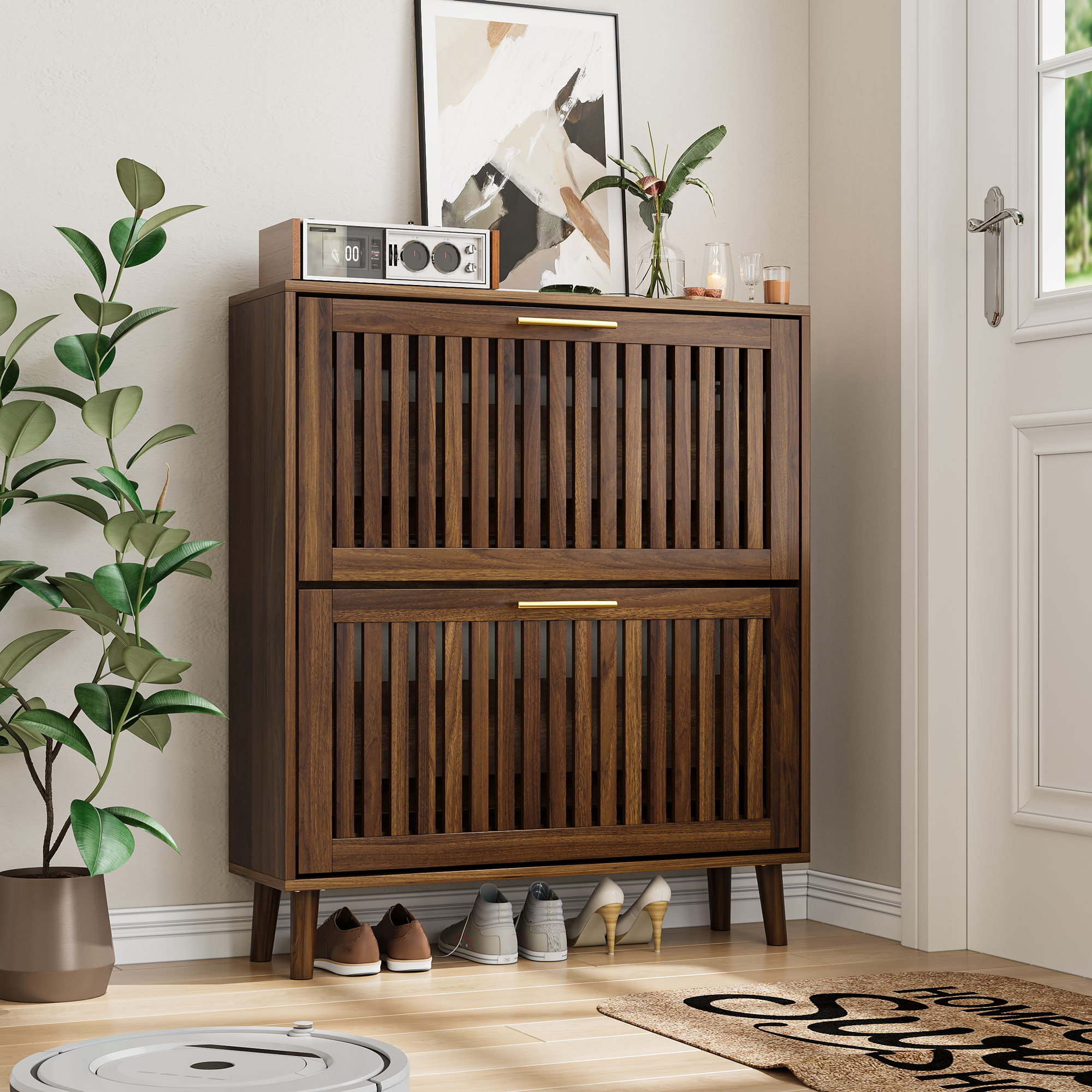 Seoul 31.5" Walnut Modern Shoe Storage Cabinet with 2 Flip Drawers