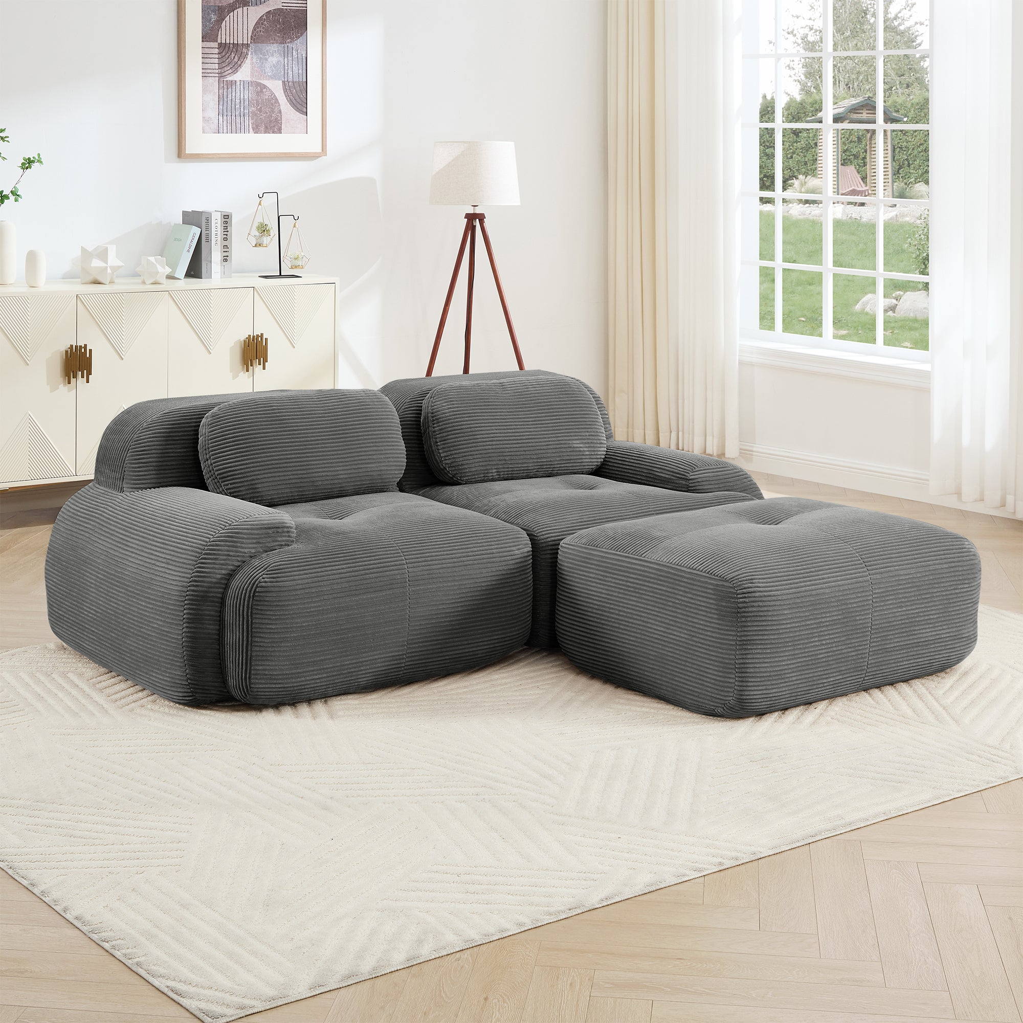 Anchorage 80" L-Shaped Modular Corduroy Cloud Sofa with Ottoman