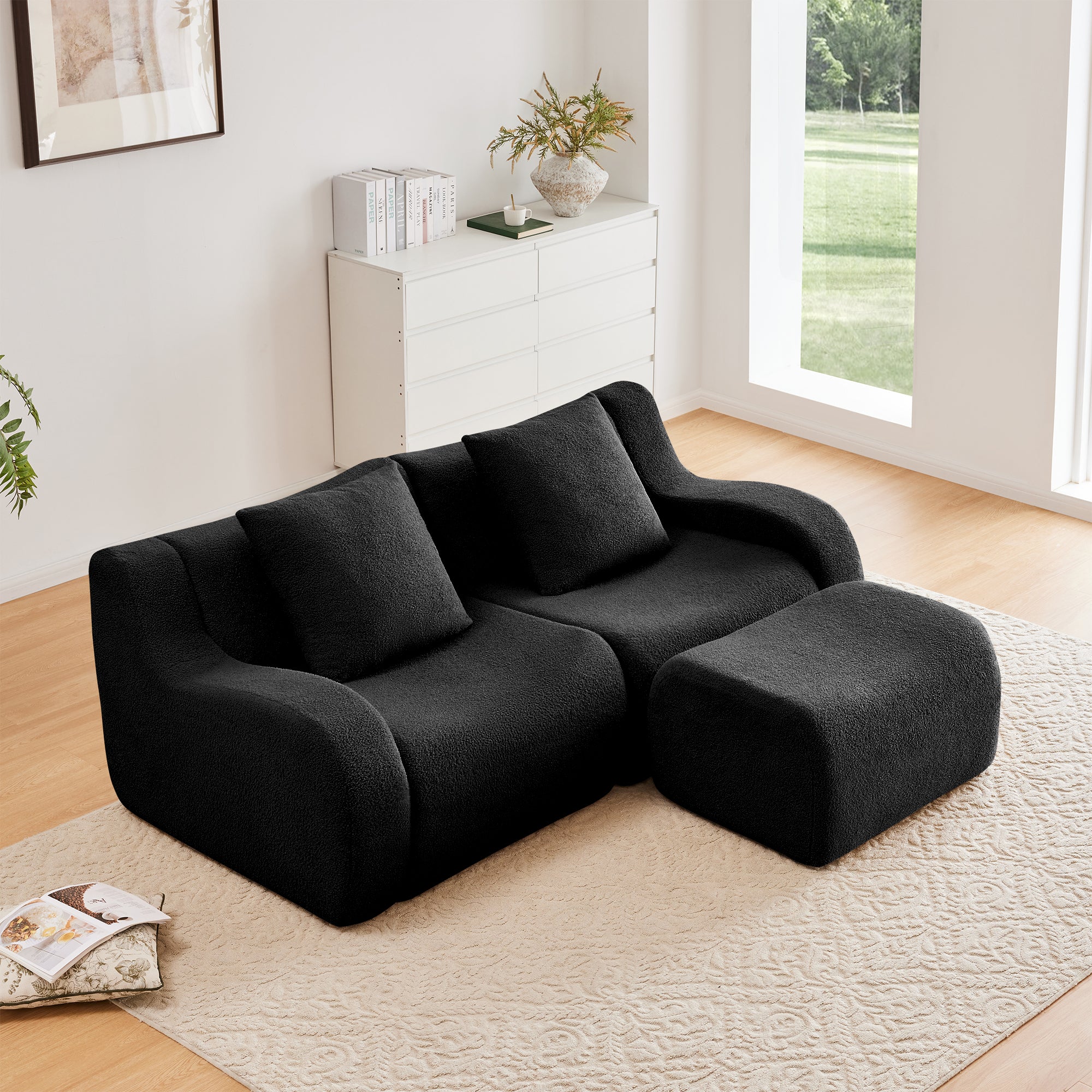Chico 83" Modular Teddy Fabric L-Shaped Loveseat Sofa with Movable Ottoman