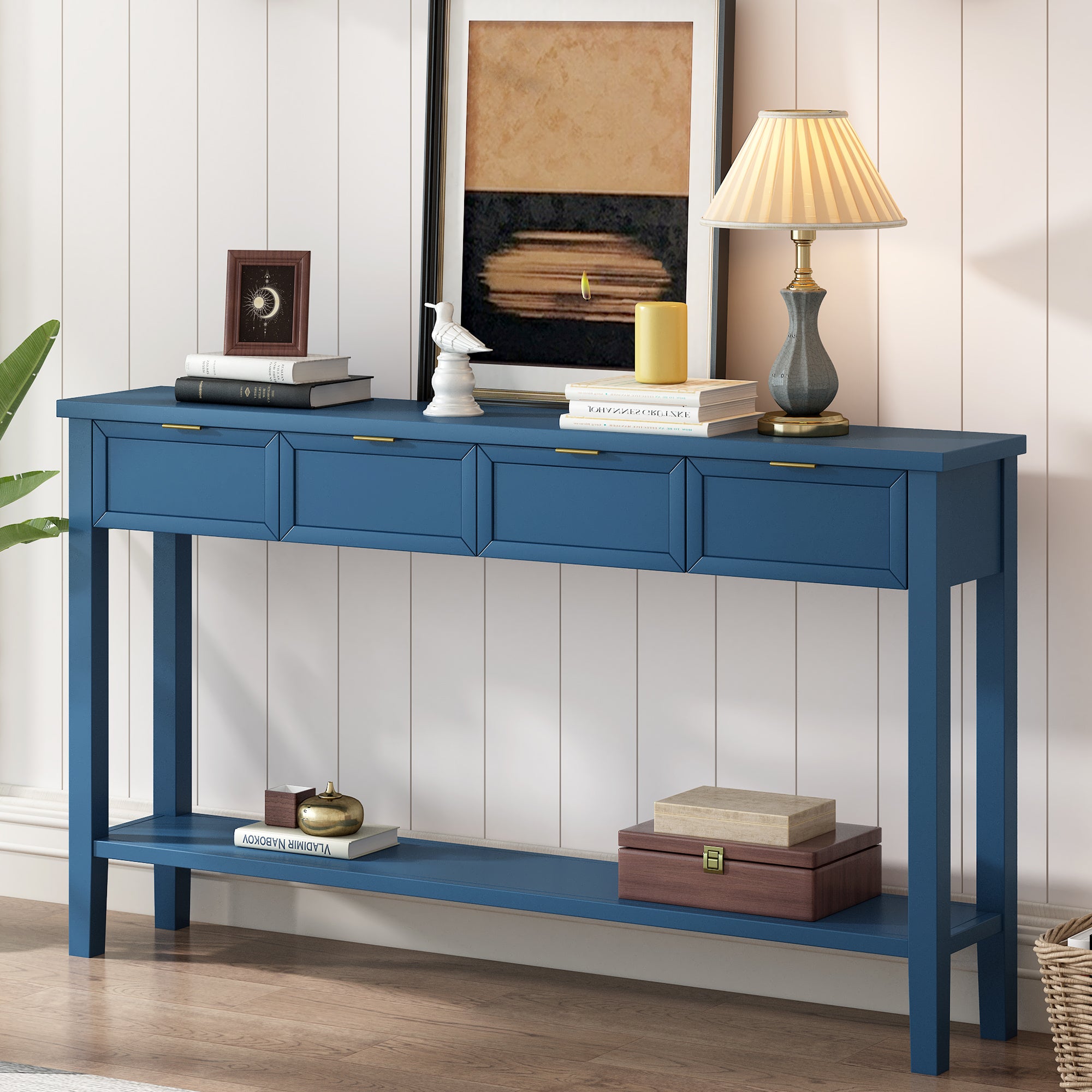Contemporary High-Quality Entryway Console Table with 4  Spacious Drawersm,1 Practical Bottom ShelfLong Legs, for Hallway, Foyer