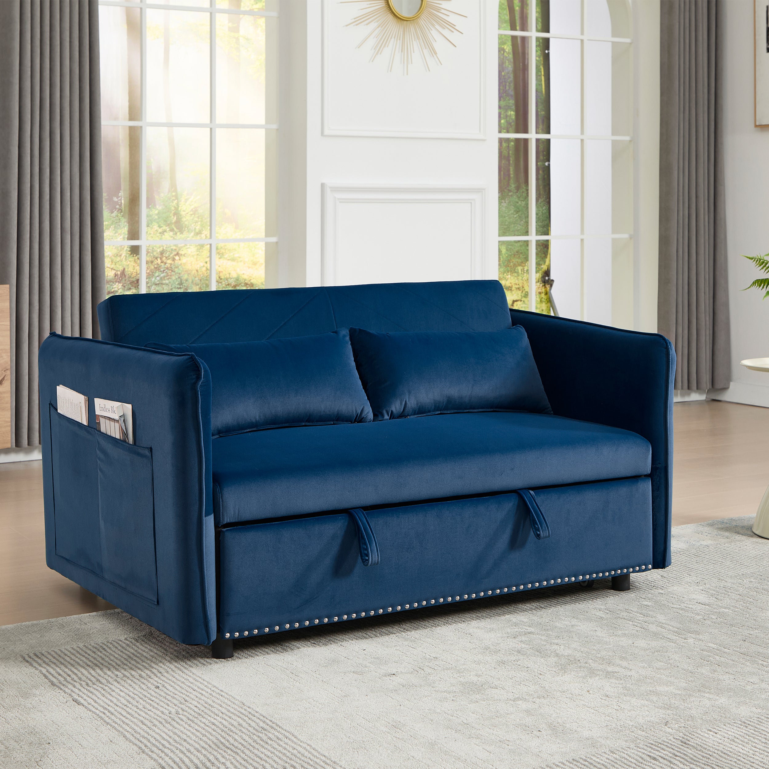 Homy Casa Shreveport 55" Velvet Pull-Out Loveseat Sleeper Sofa Bed with Side Pockets, Blue