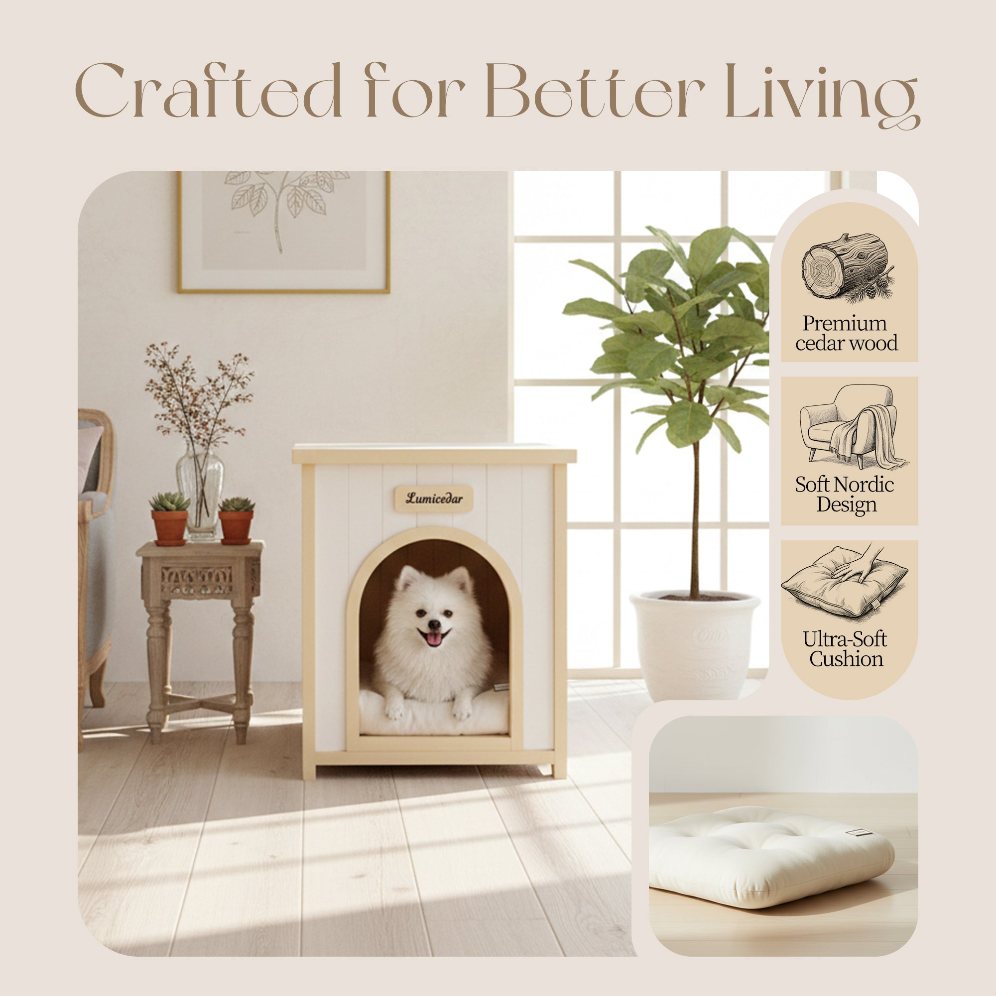 Homy Casa 21" x 20" x 24" Flat Roof Indoor Pet House for Small Cats & Dogs, FSC Solid Wood, Cream Yellow