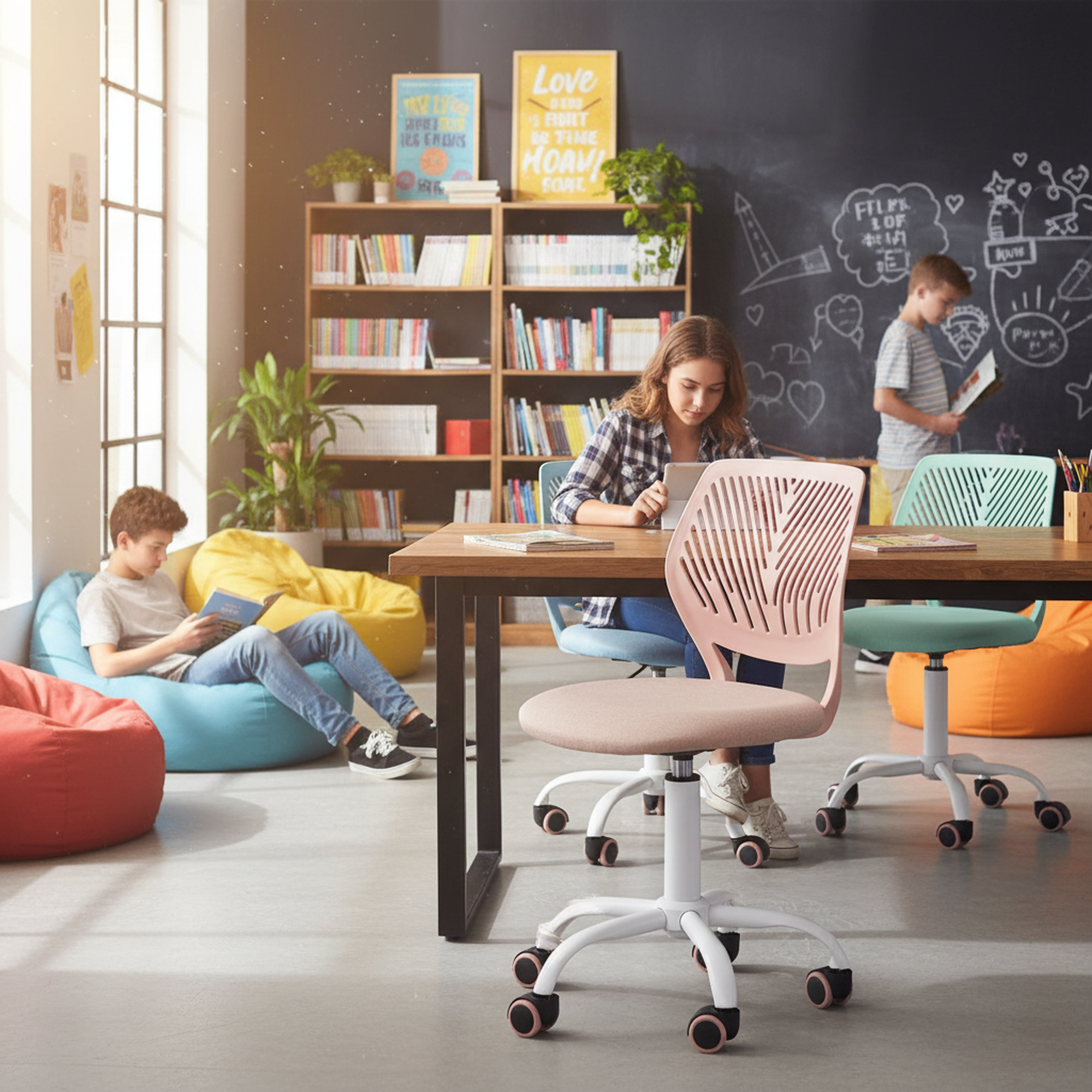 Homy Casa Pink Office Chair, 44x40x74in, Modern Fabric Swivel Desk Chair with Ergonomic Back, Adjustable Height, White Metal Base, PU Casters, for Home Office, Study, Makeup, 1 Pack