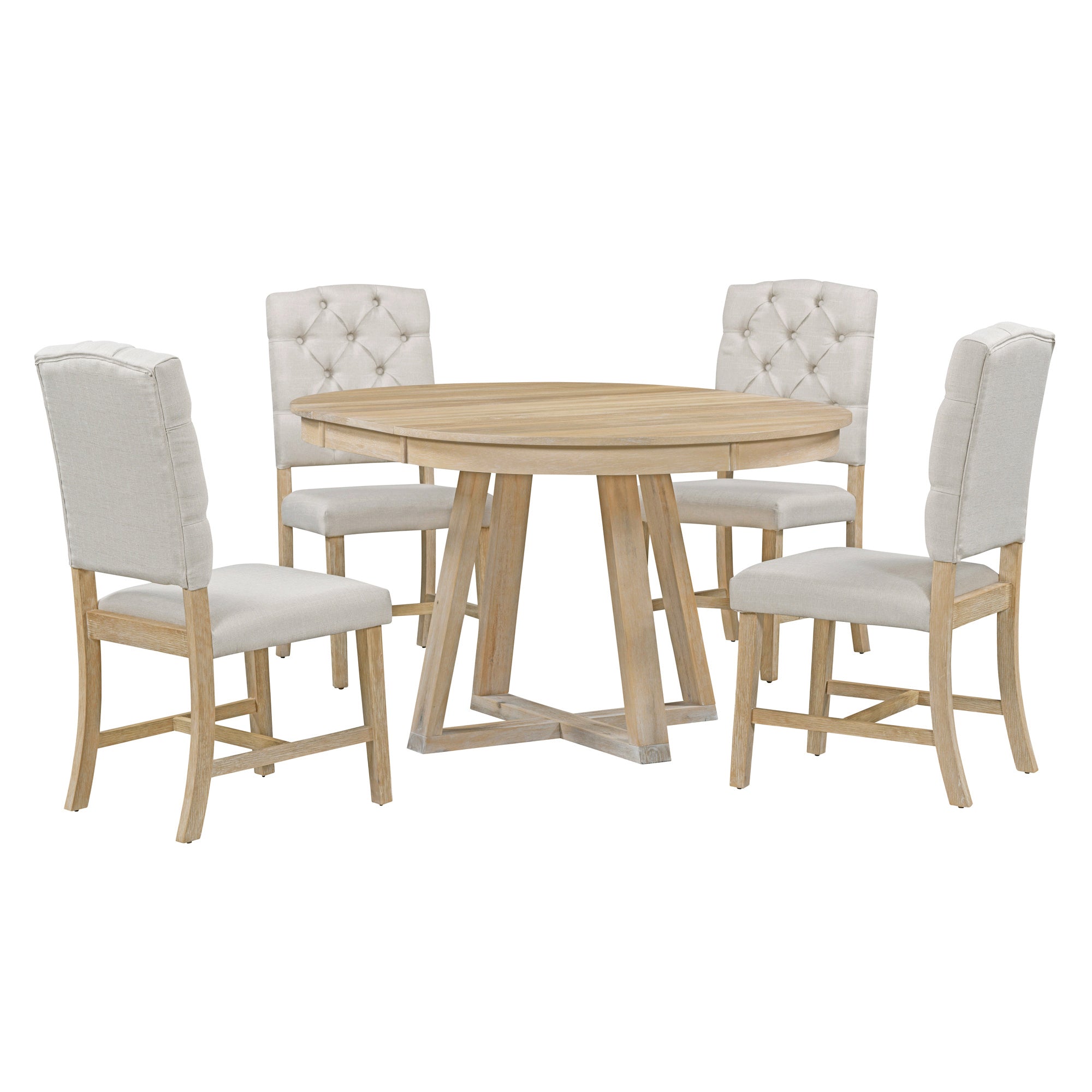 Bosten 5 Pieces 42"-58" Extendable Round Dining Table Set with 4 Upholstered Chairs, Natural