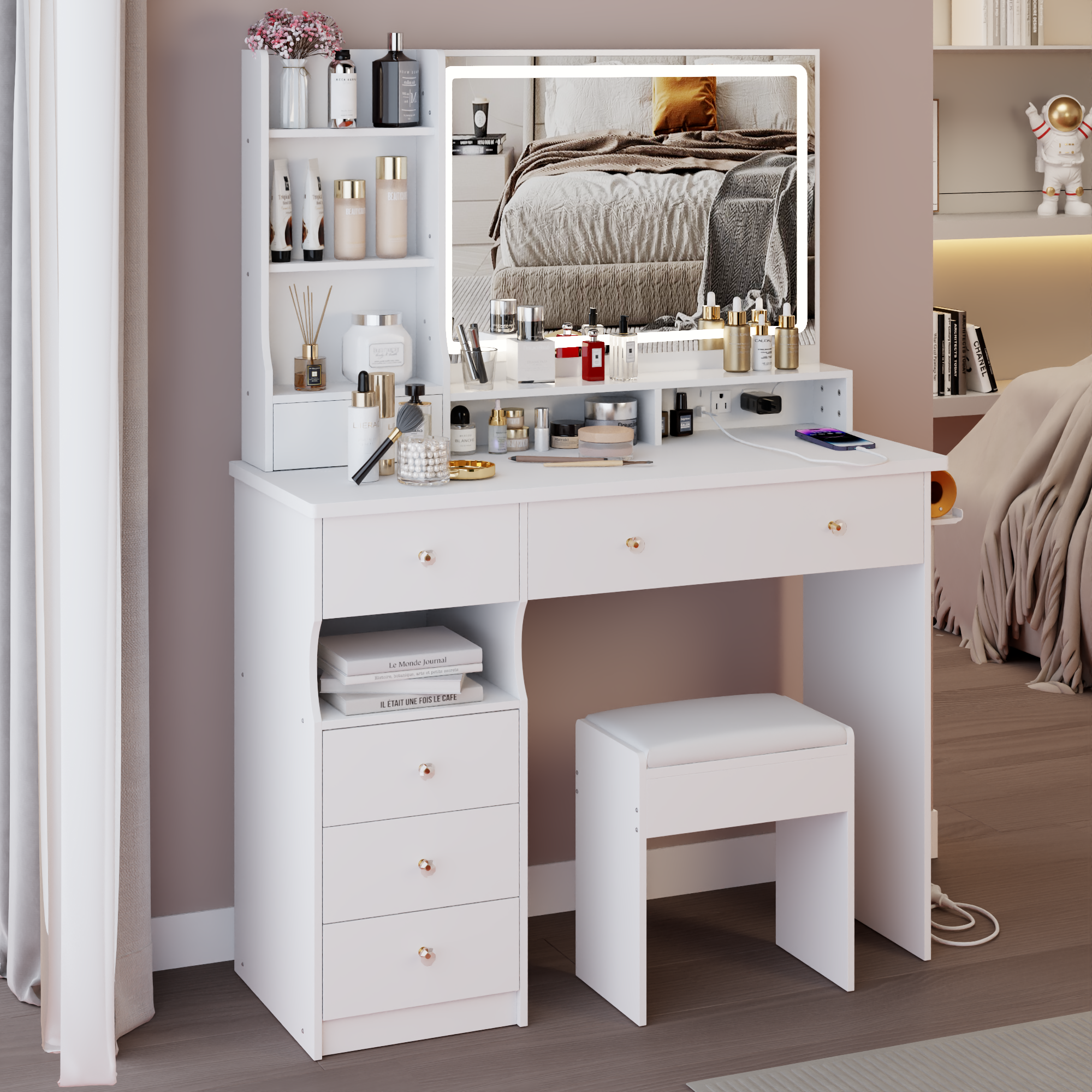 Homy Casa 41" White Vanity Set with LED Mirror, Power Outlets & Cushioned Stool