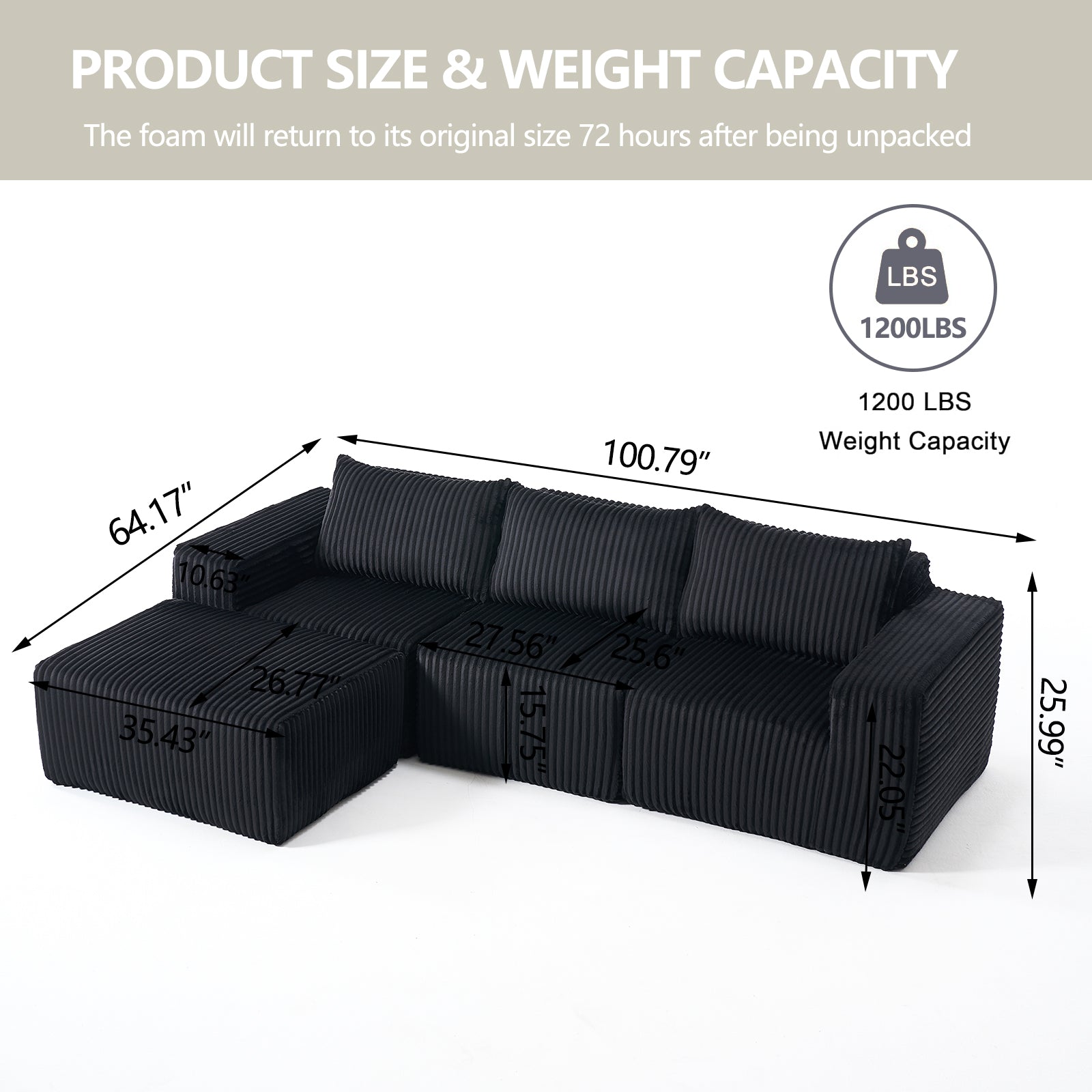 Omaha 101" Modern Corduroy L-Shaped Modular Sectional Sofa with Chaise, Black