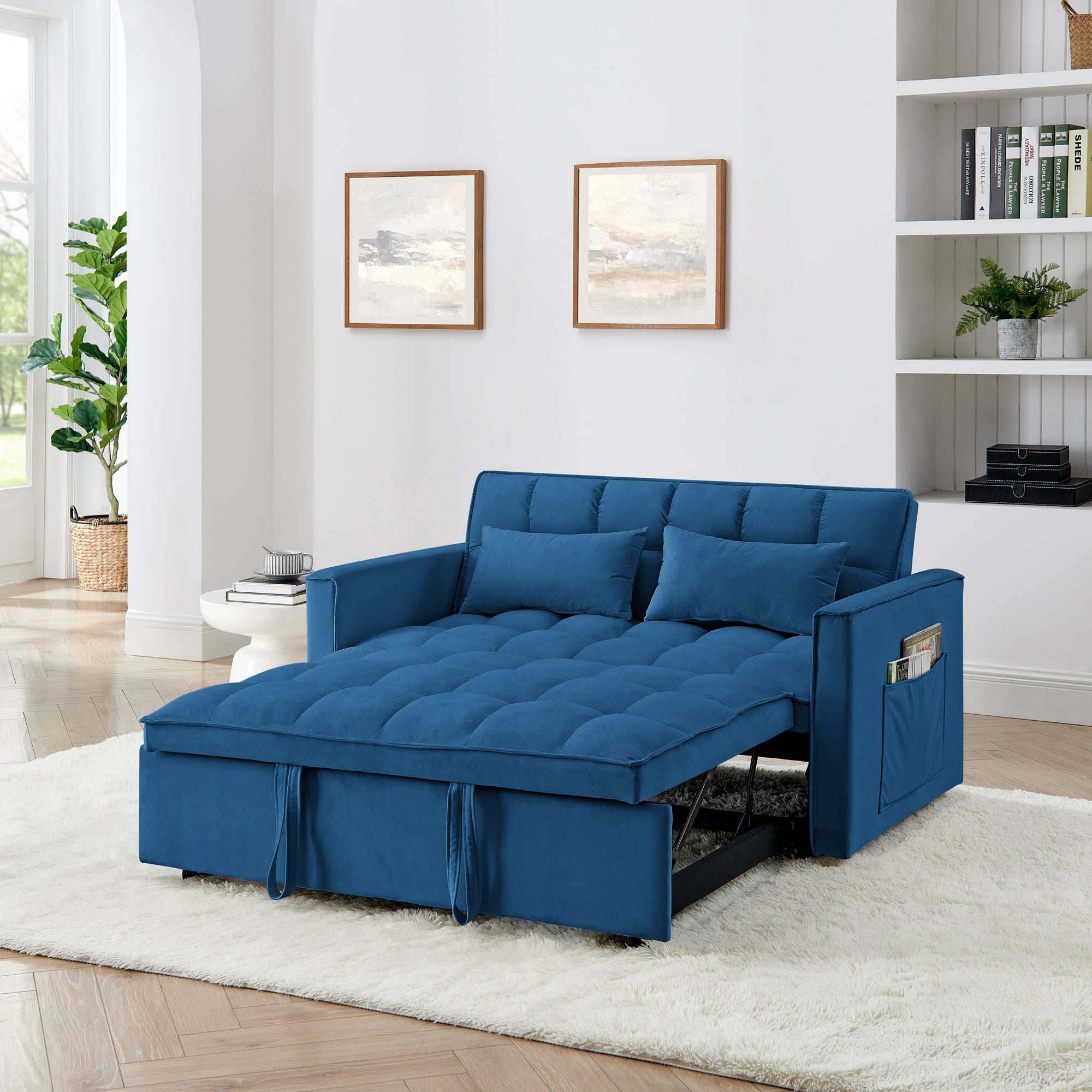 54.33 inch versatile foldable sofa bed in 3 lengths, modern sofa sofa sofa velvet pull-out bed, adjustable back (BLUE)