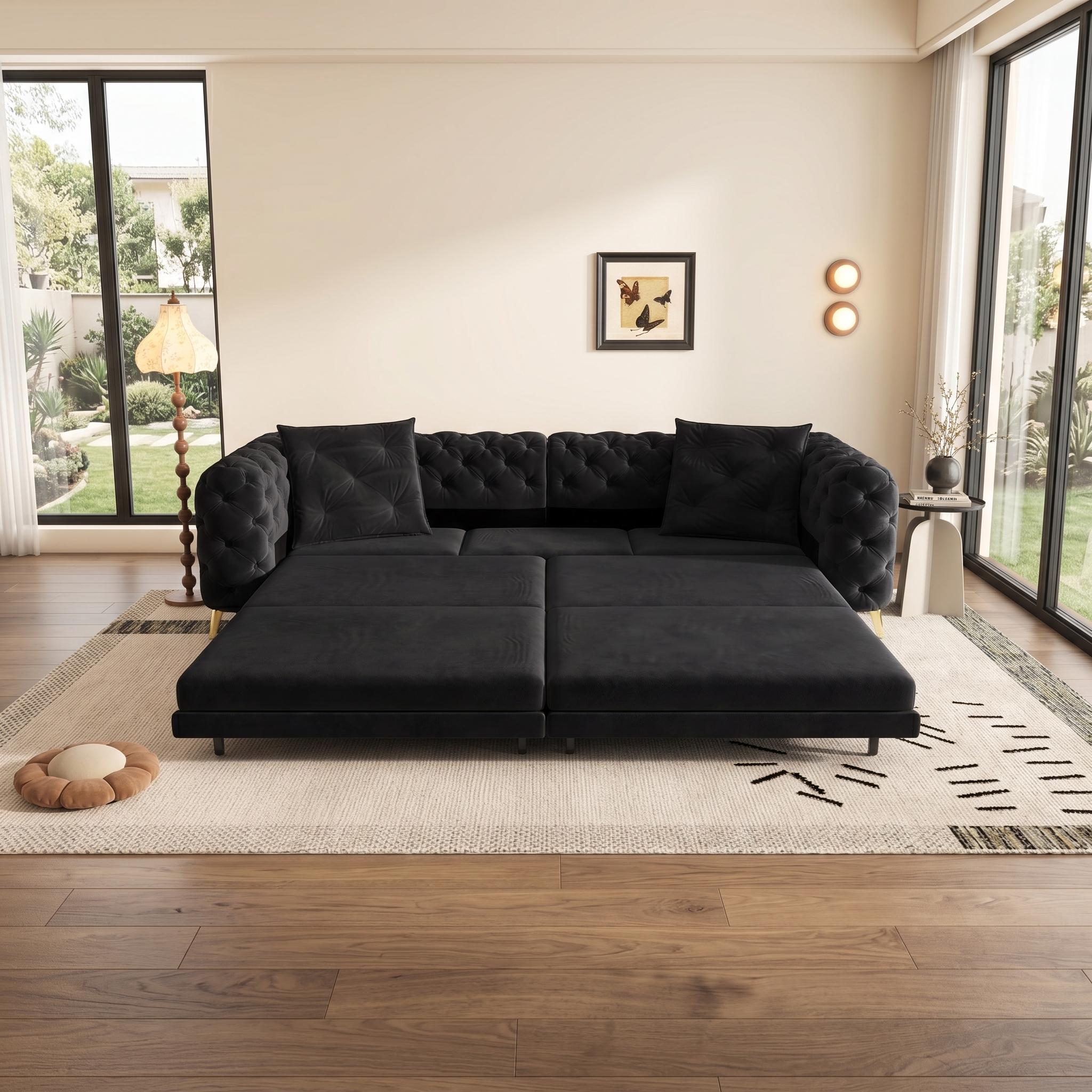 Allentown 98" Velvet Button Tufted 4-Seater Sleeper Sofa Bed with Movable Ottoman