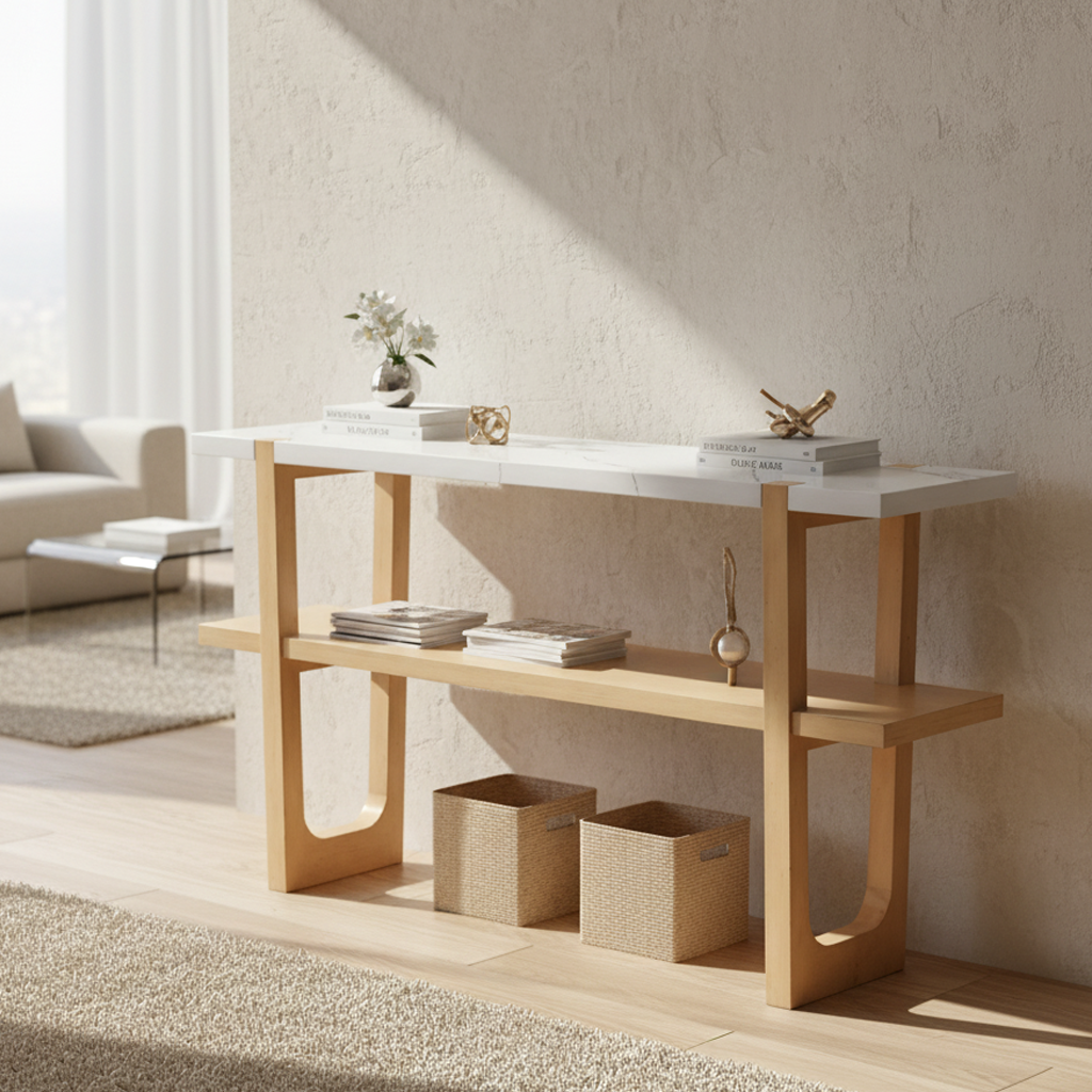 Ravenna Console Table Narrow Entryway Table with Open Shelf, Natural