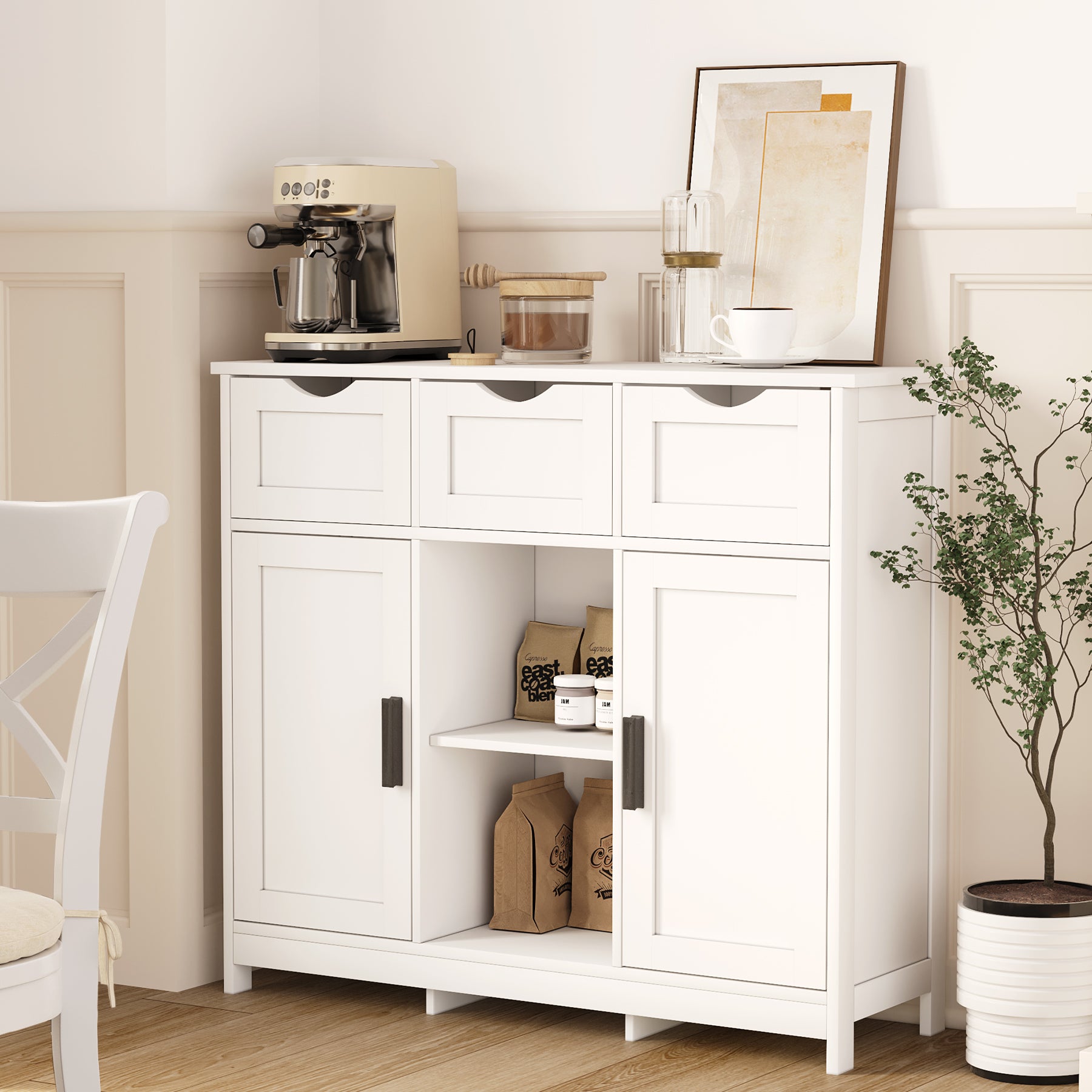 Ardeny Modern Wood Storage Cabinet with Drawers and Shelves White