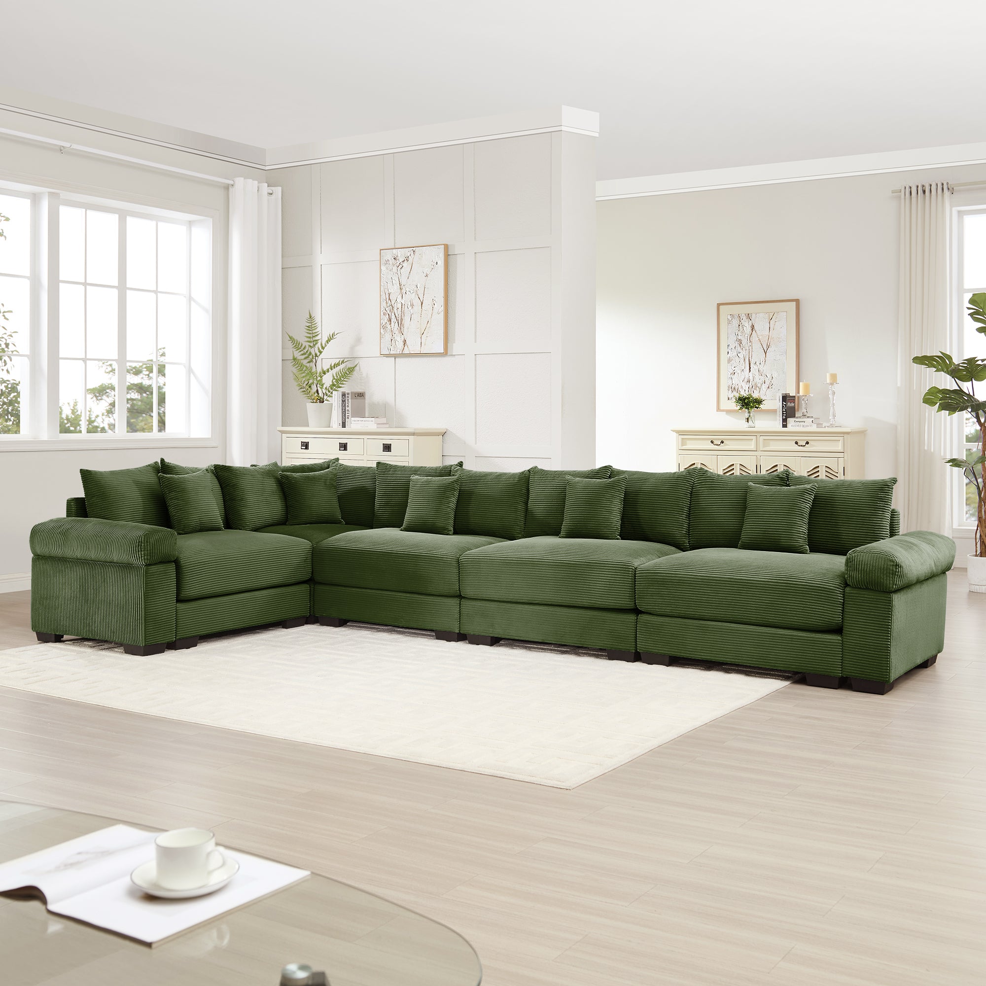 Albany 155" Modular Corduroy Oversized Cloud L-Shaped Sectional Sofa with Ottoman