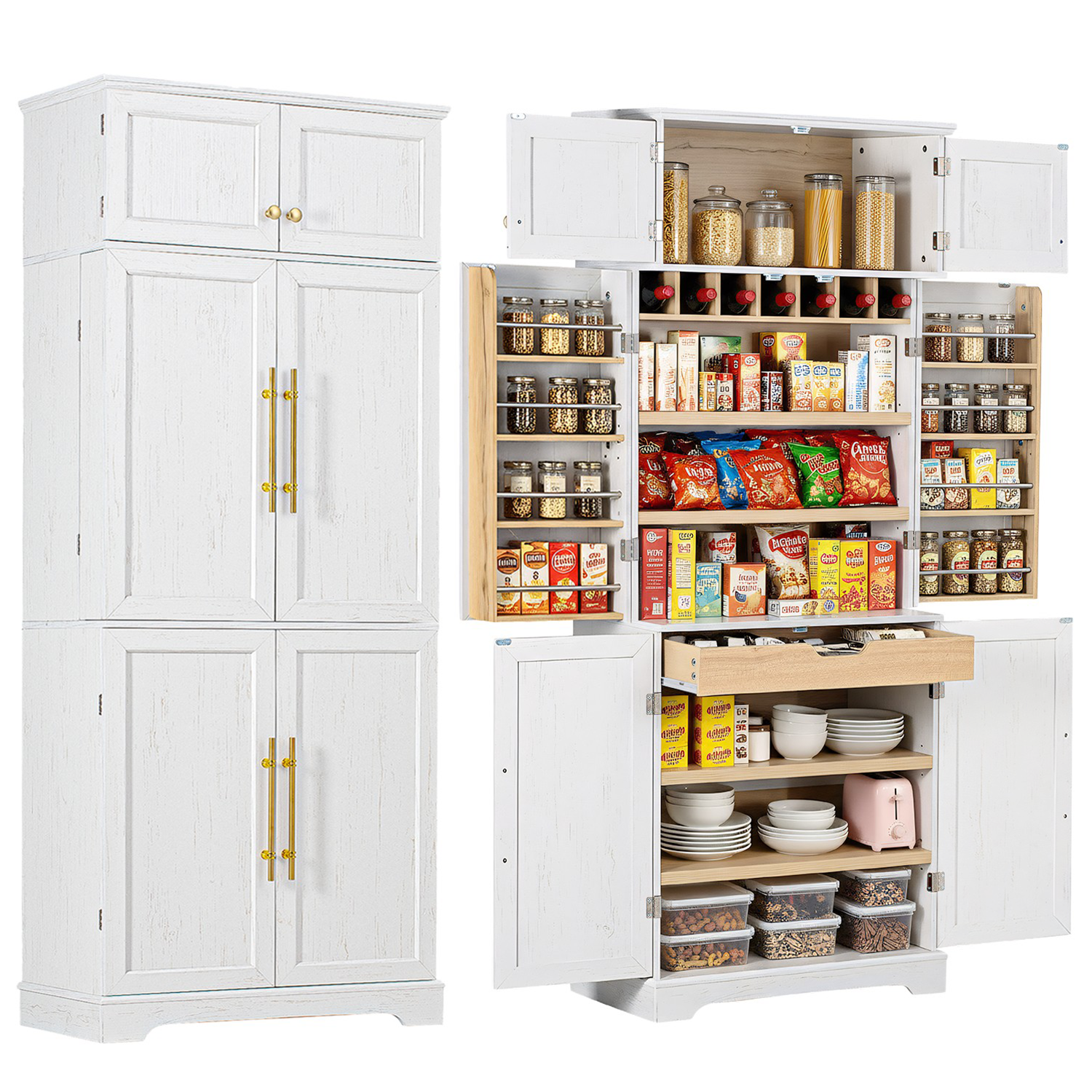 Bristol 78.2" Farmhouse White Kitchen Pantry Cabinet with Adjustable Shelves