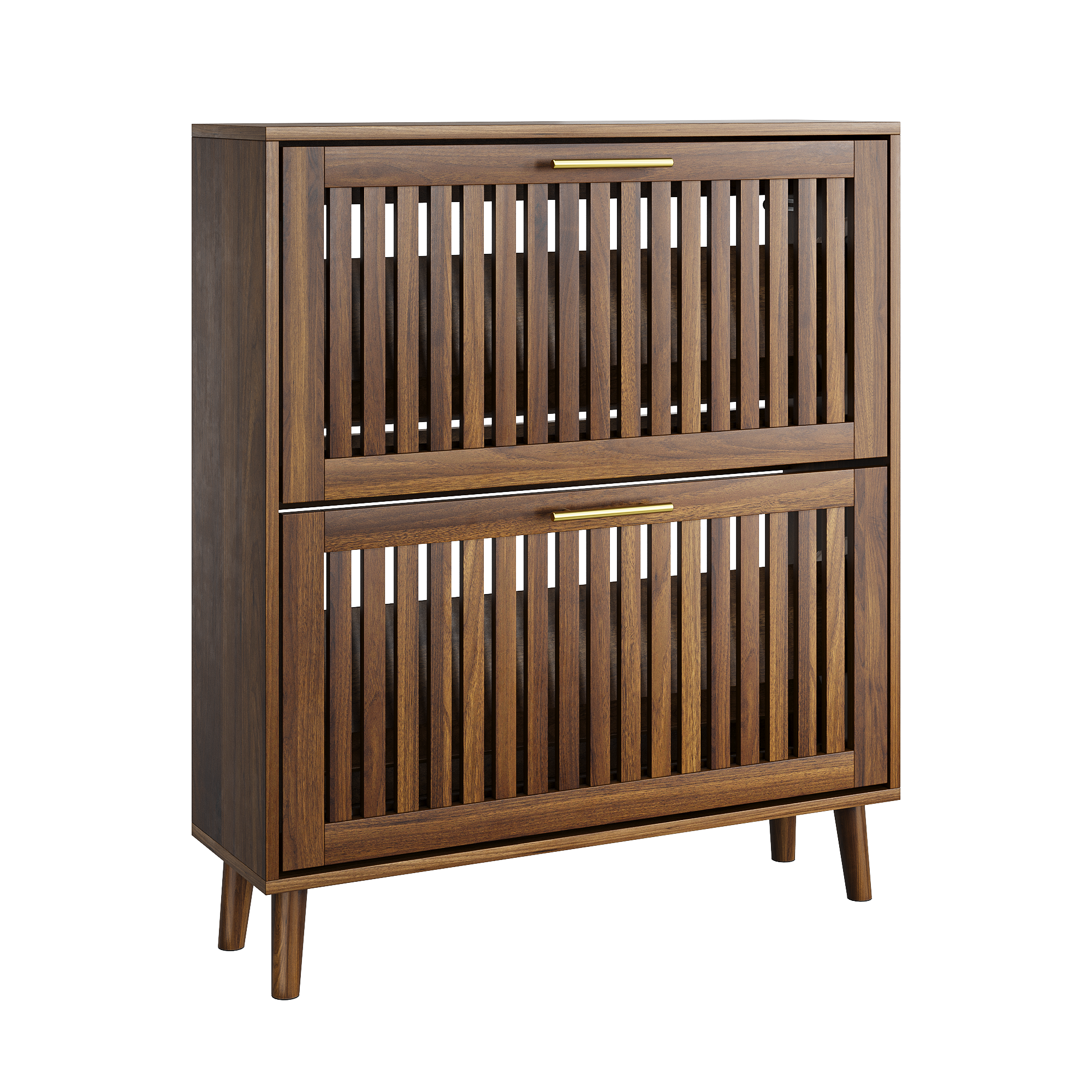 Seoul 31.5" Walnut Modern Shoe Storage Cabinet with 2 Flip Drawers