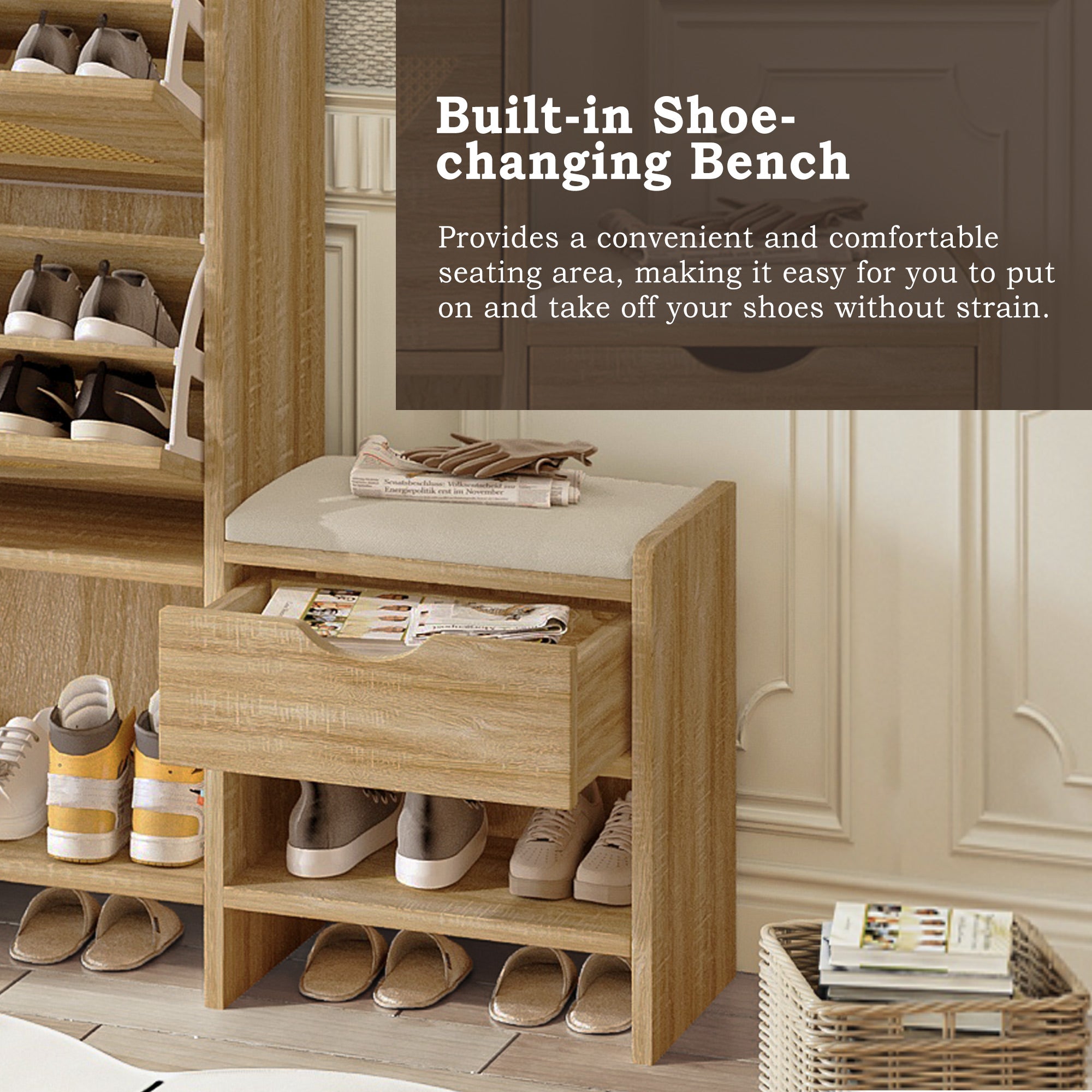 Willow Rattan Shoe Storage Cabinet with Flip Drawers & Bench, Natural Wood Finish