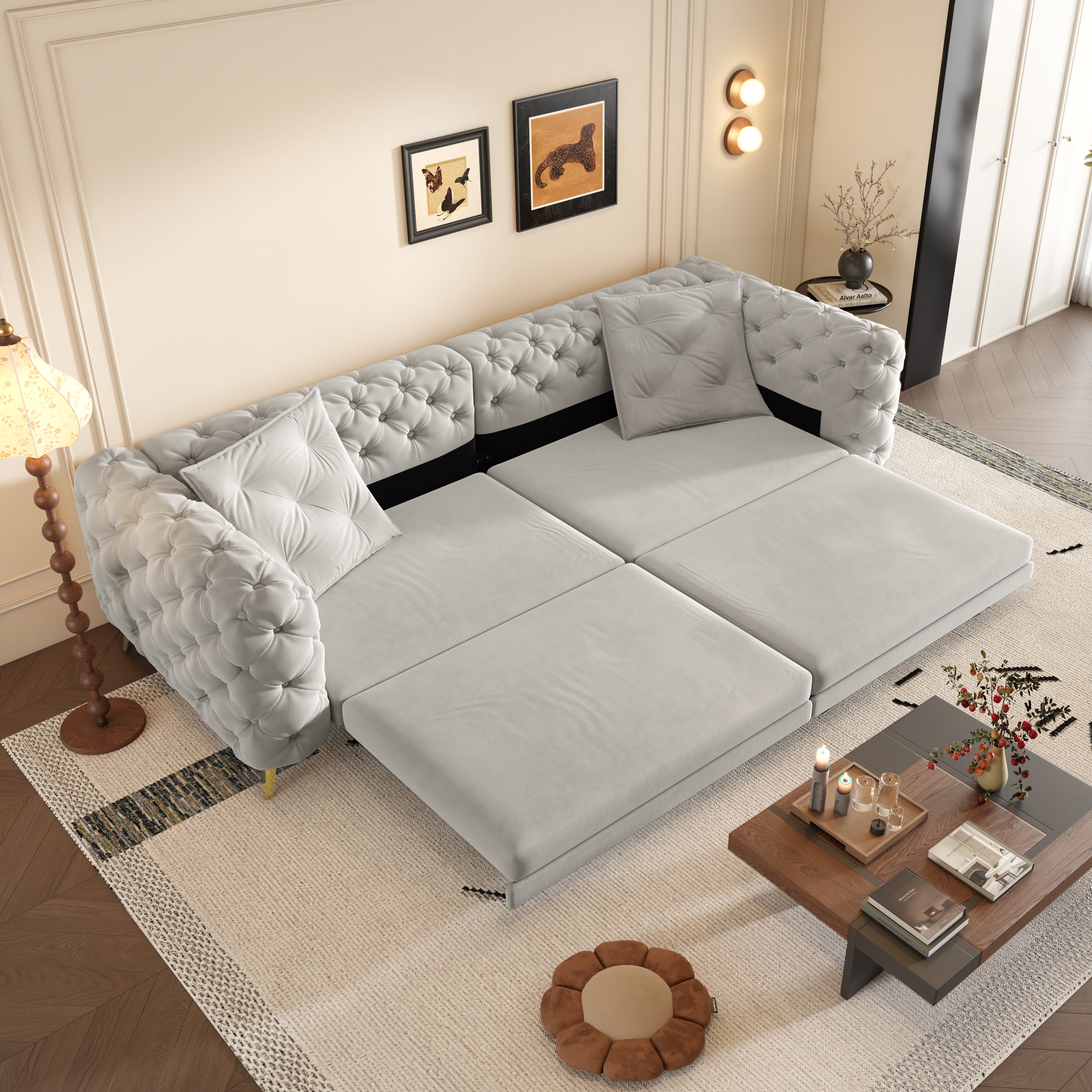Allentown 98" Velvet Button Tufted 4-Seater Sleeper Sofa Bed with Movable Ottoman