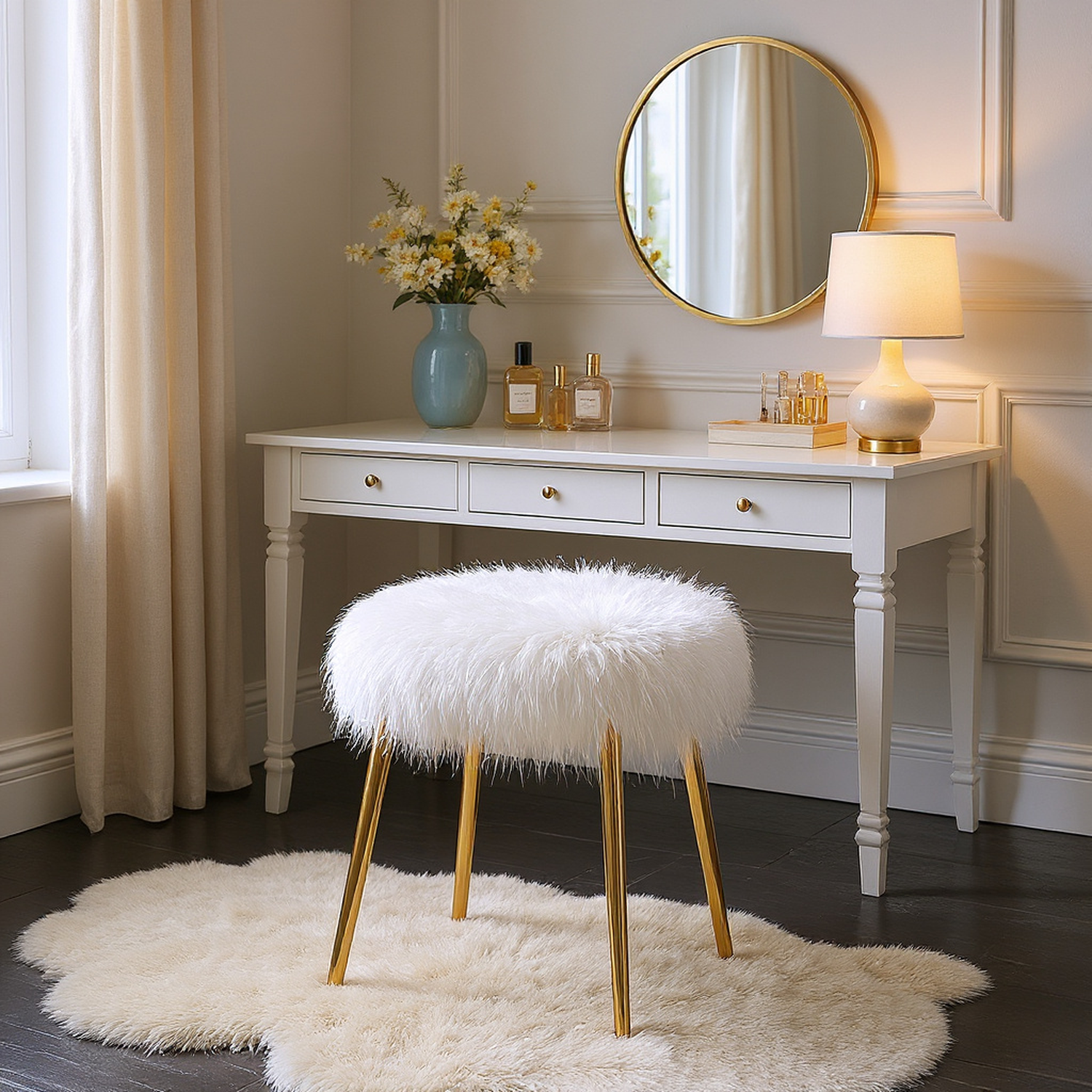 Dahlia Faux Fur Ottoman Stool with Gold Legs