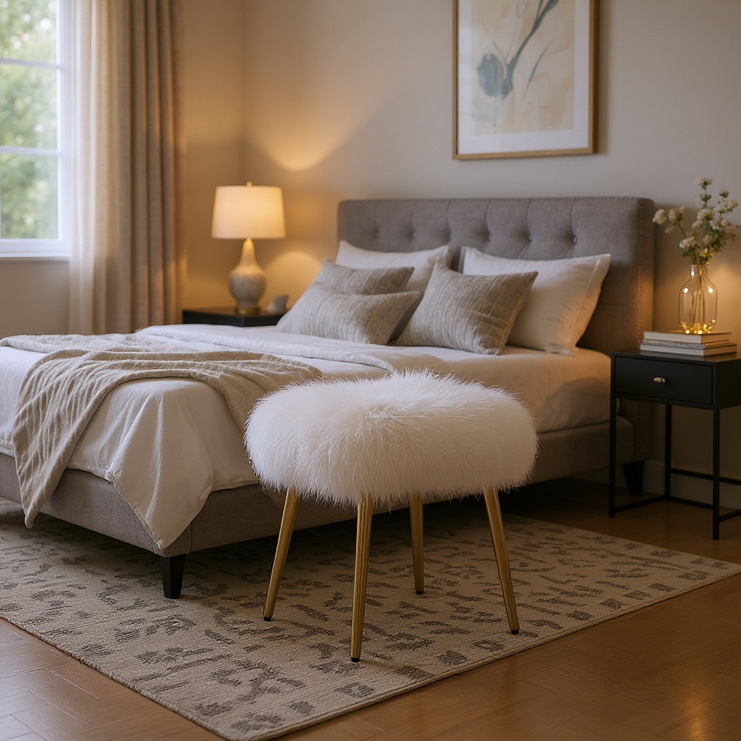 Dahlia Faux Fur Ottoman Stool with Gold Legs