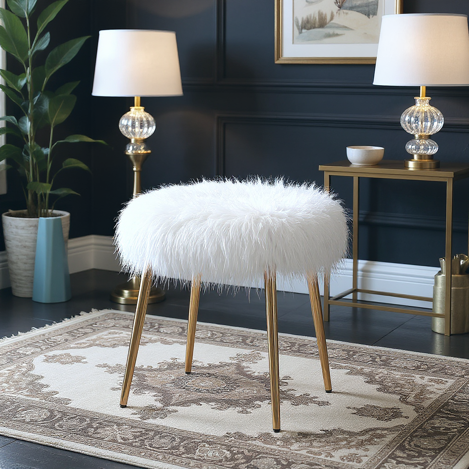 Dahlia Faux Fur Ottoman Stool with Gold Legs