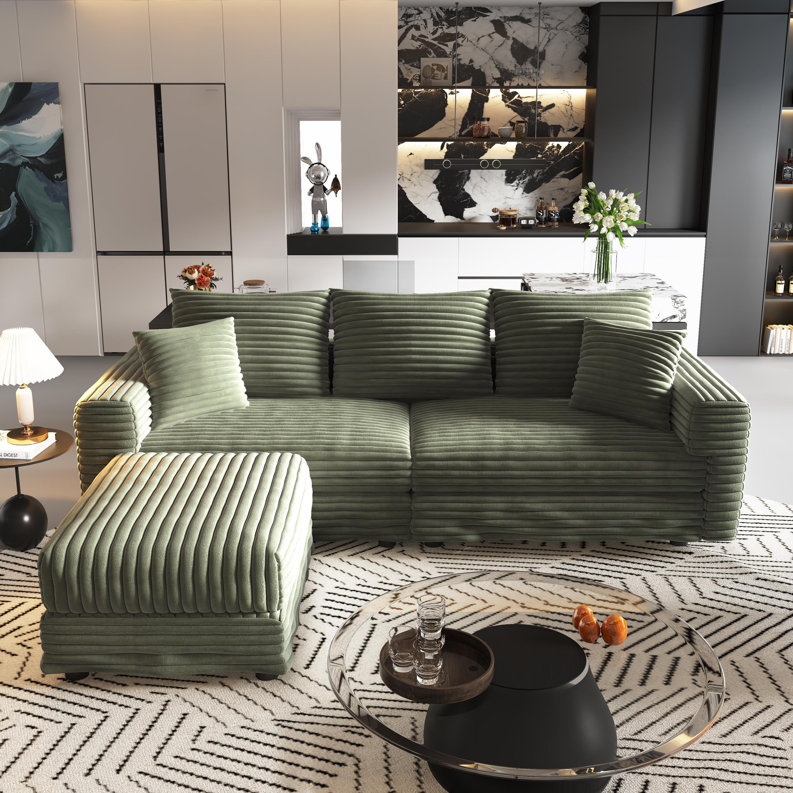 Norwalk 83" Modular Plush Corduroy 3-Seater Sofa with Soft Pillows and Ottoman