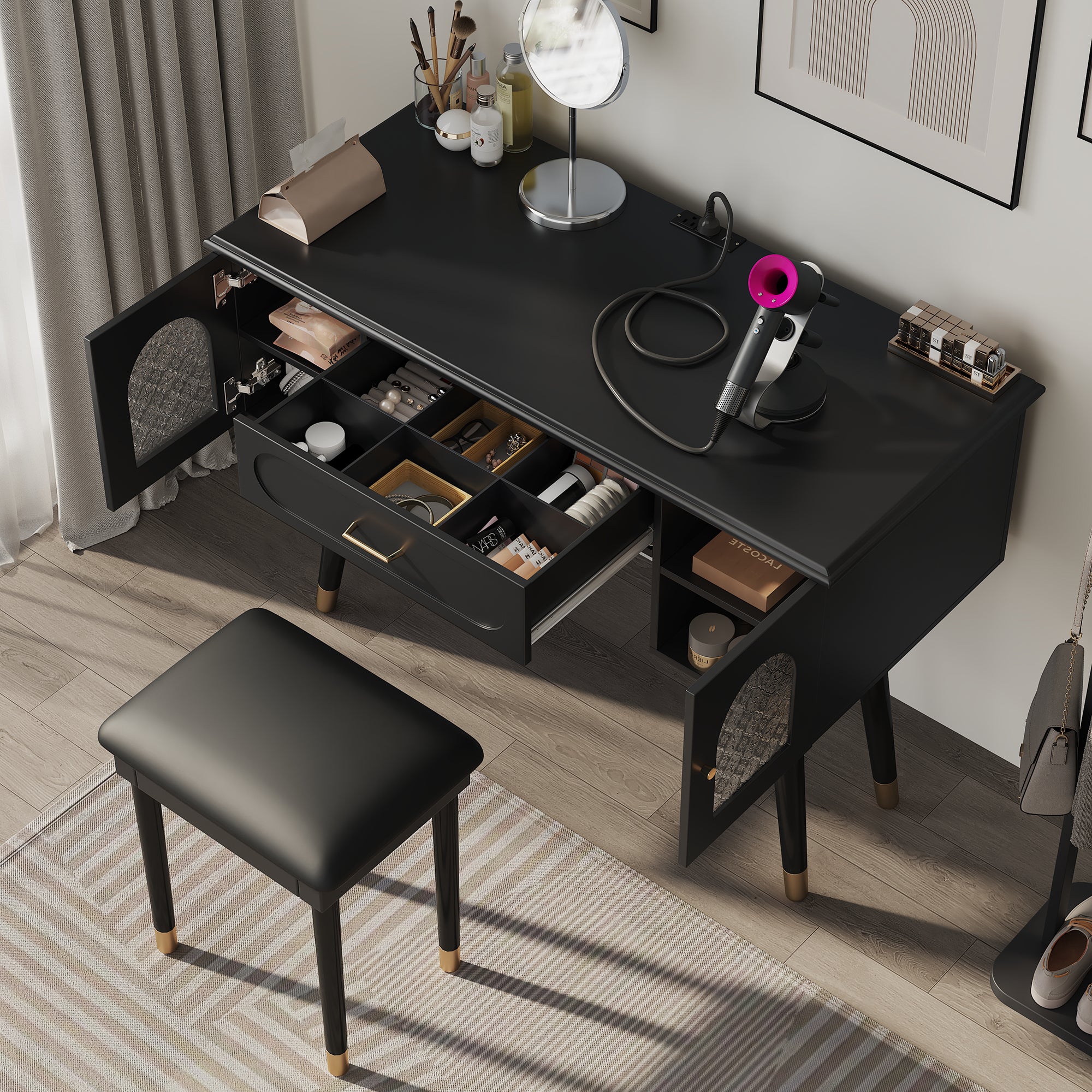 Elegant Vanity Makeup Table & Chair Set, Modern Dressing Table with Organizer, Writing Desk, Charging Port, Black