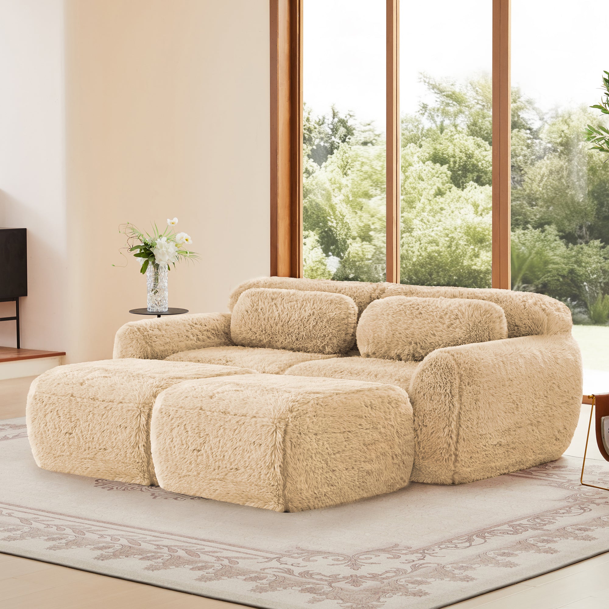 Durham 80" Plush Sofa with Chaise and Ottoman Deep-Seat Design Light Khaki