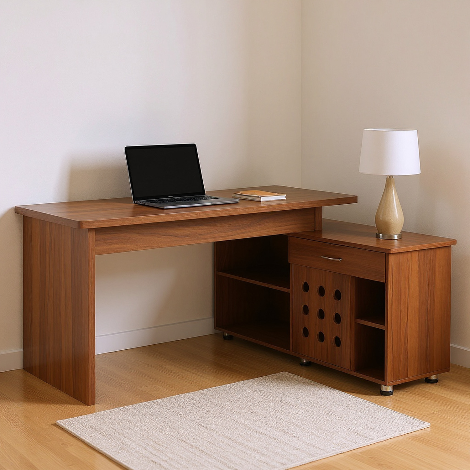 55.1''L, Walnut Home Office L-Shaped Executive Desk , Height Adjustable Desk with Storage Drawers and Cabinet