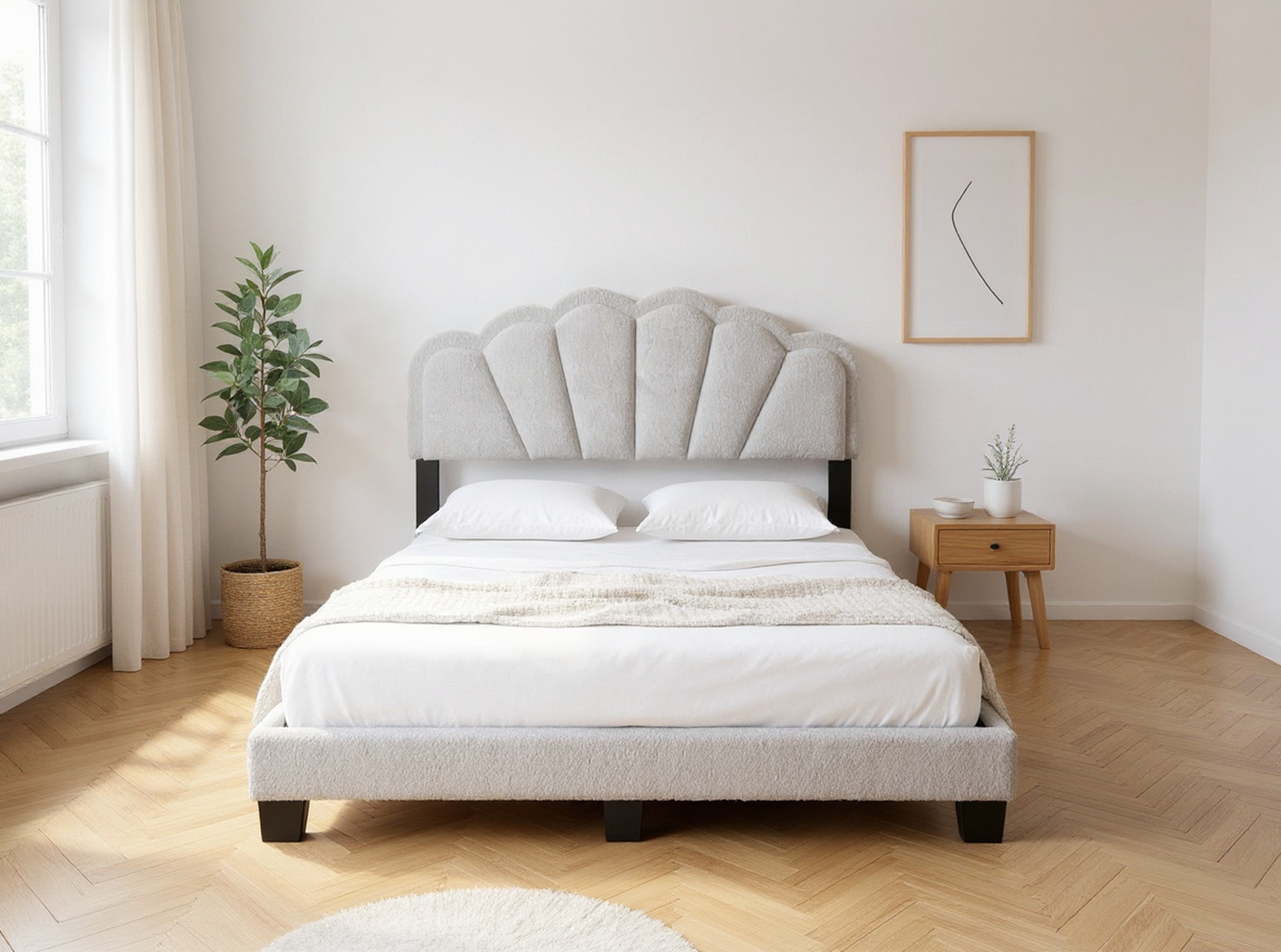 White 1pc Queen Size Bed Wool Fabric Floral Design Headboard w LED Fully Upholstered Platform Bedframe