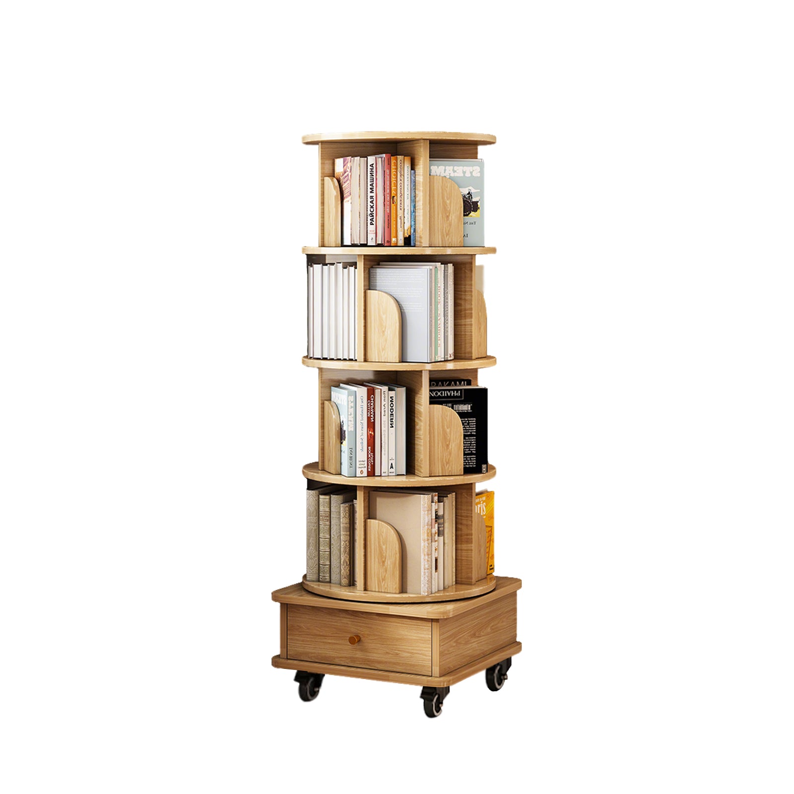 Sophia 5 Tier Rotating Bookshelf Display Stand with Drawer and Wheels