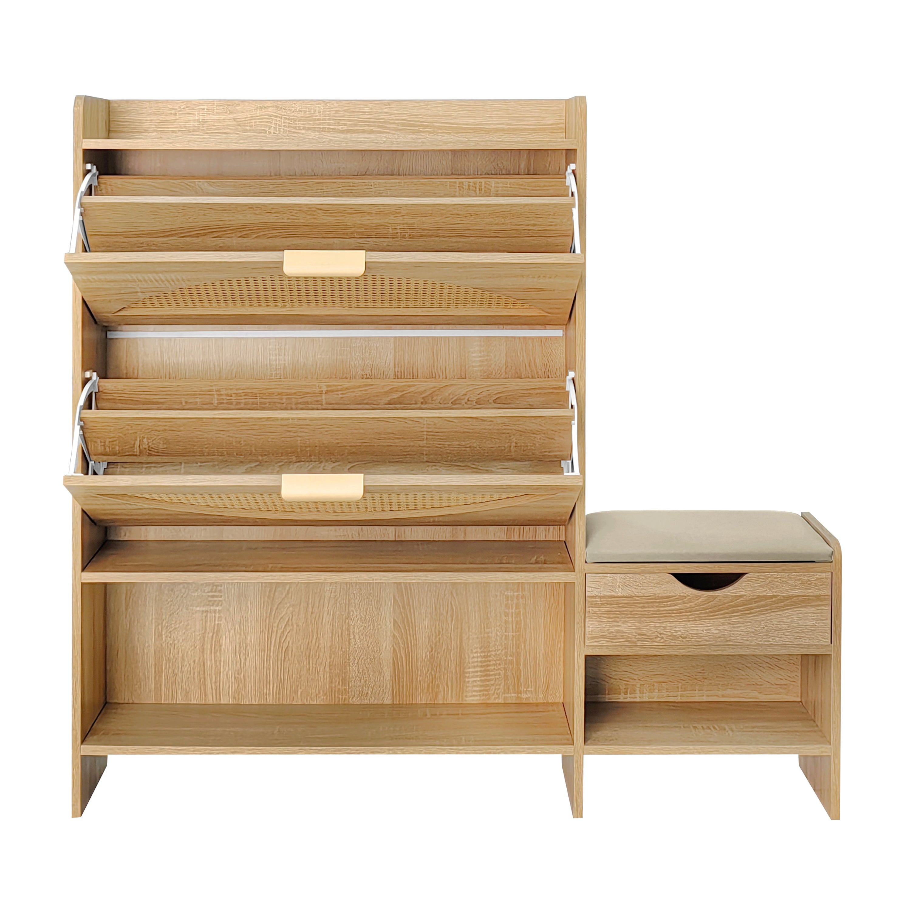 Willow Rattan Shoe Storage Cabinet with Flip Drawers & Bench, Natural Wood Finish