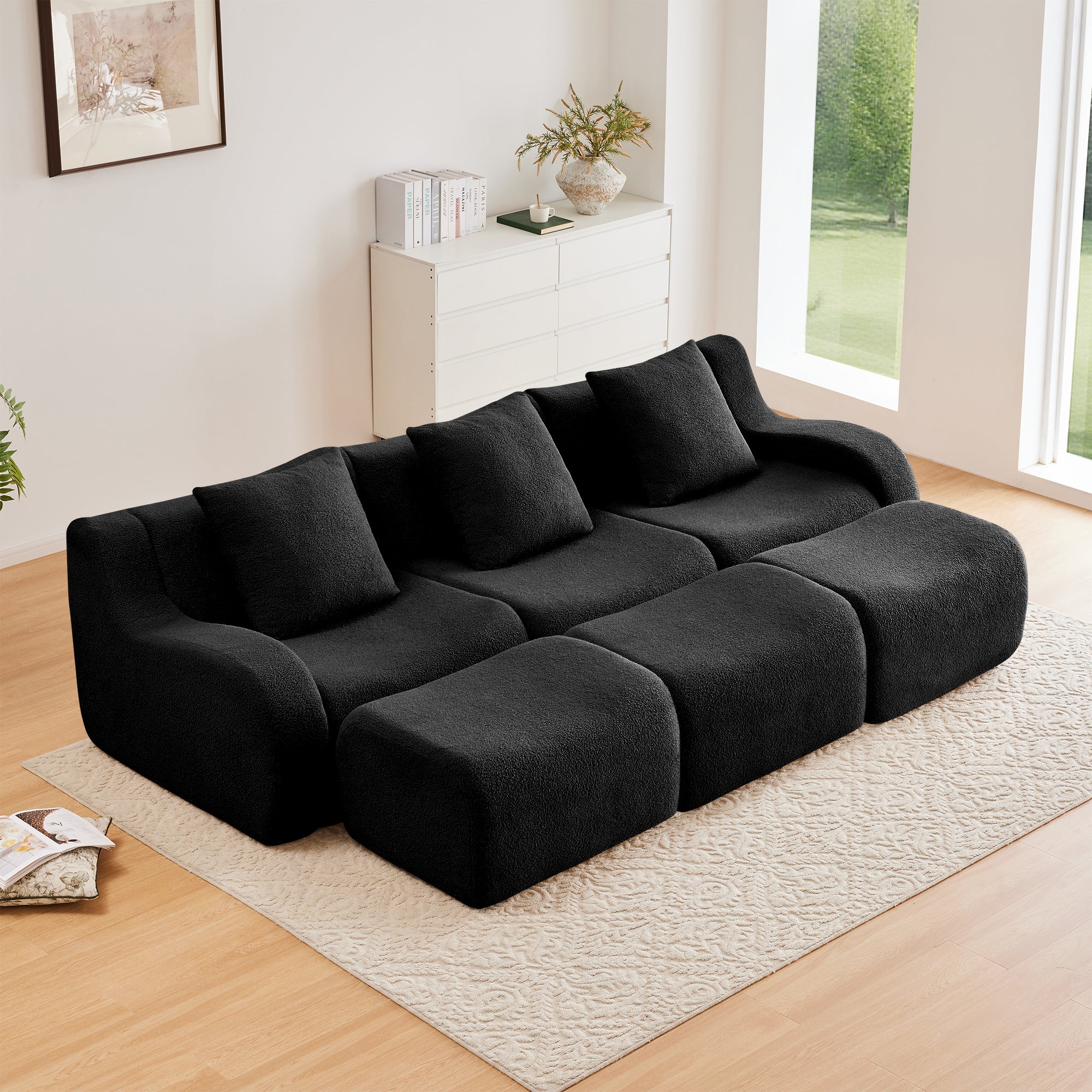 Chico 115" Modular Teddy Fabric 3-Seater Sofa with3 Ottomans