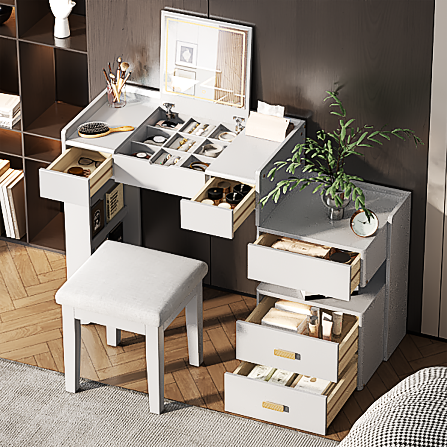Aurorae Modular Makeup Vanity Desk Set with Flip-Top Mirror and Ample Drawer Storage
