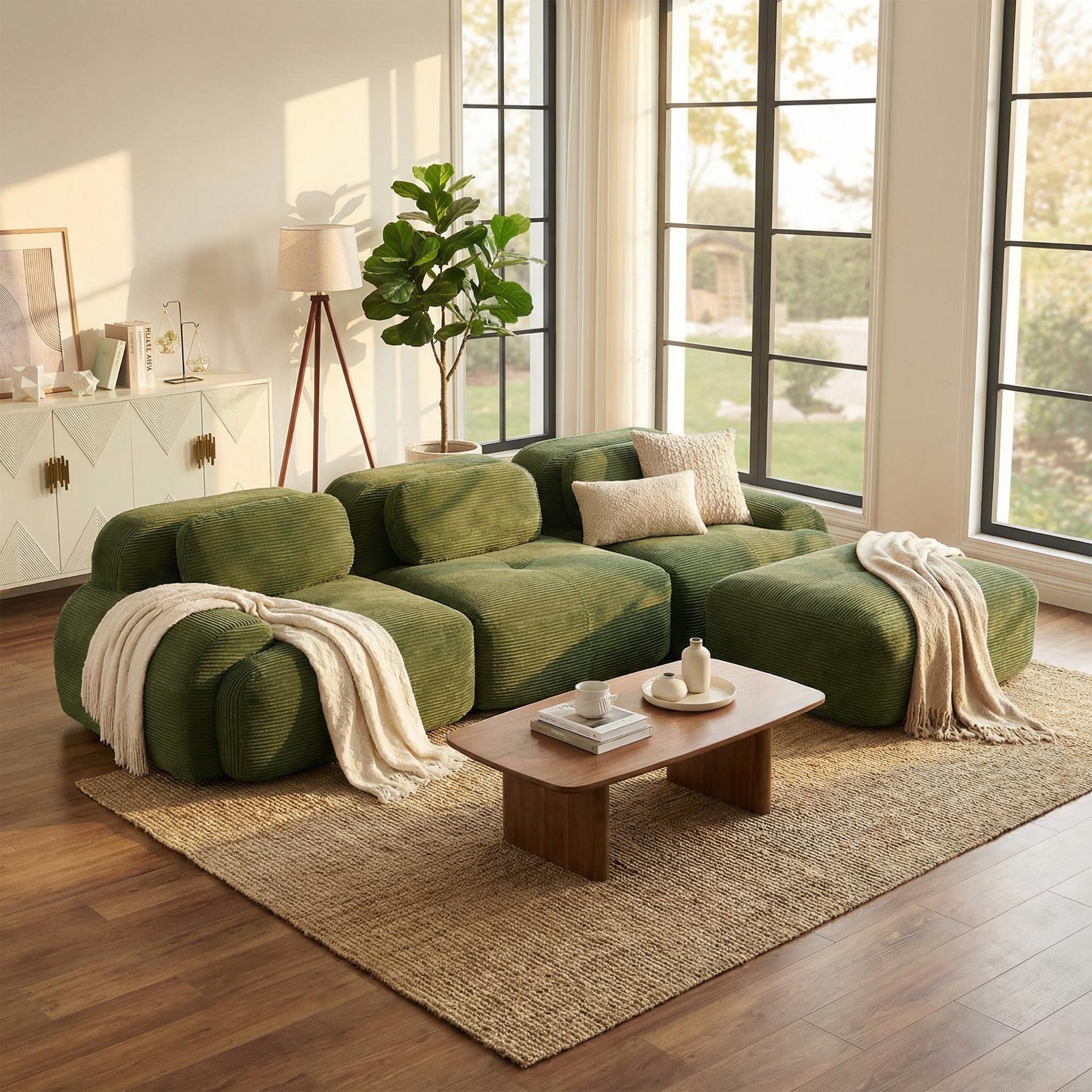 L-Shaped Modular Sofa, No Assembly, Ergonomic Design, Corduroy Fabric, Extra-Wide Armrests, Living Room/Bedroom, Olive Green