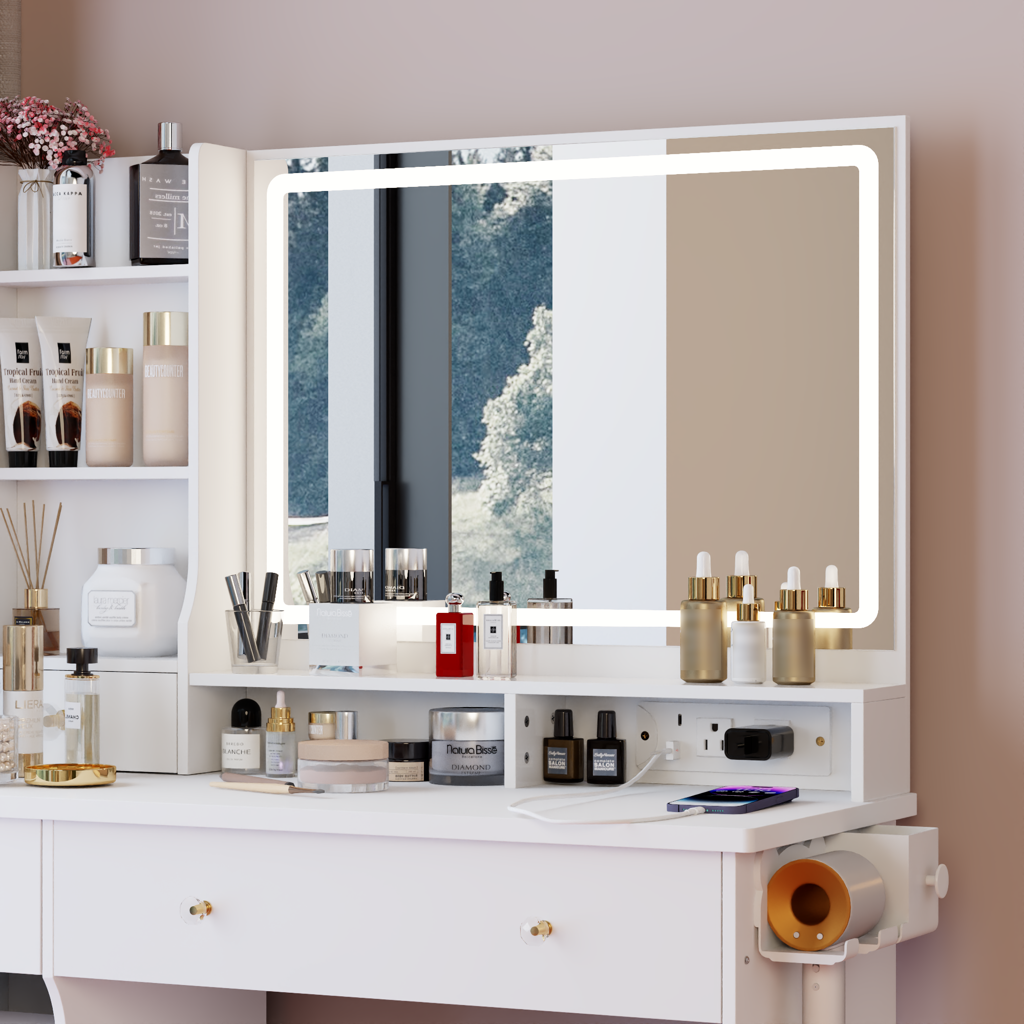 Homy Casa 41" White Vanity Set with LED Mirror, Power Outlets & Cushioned Stool